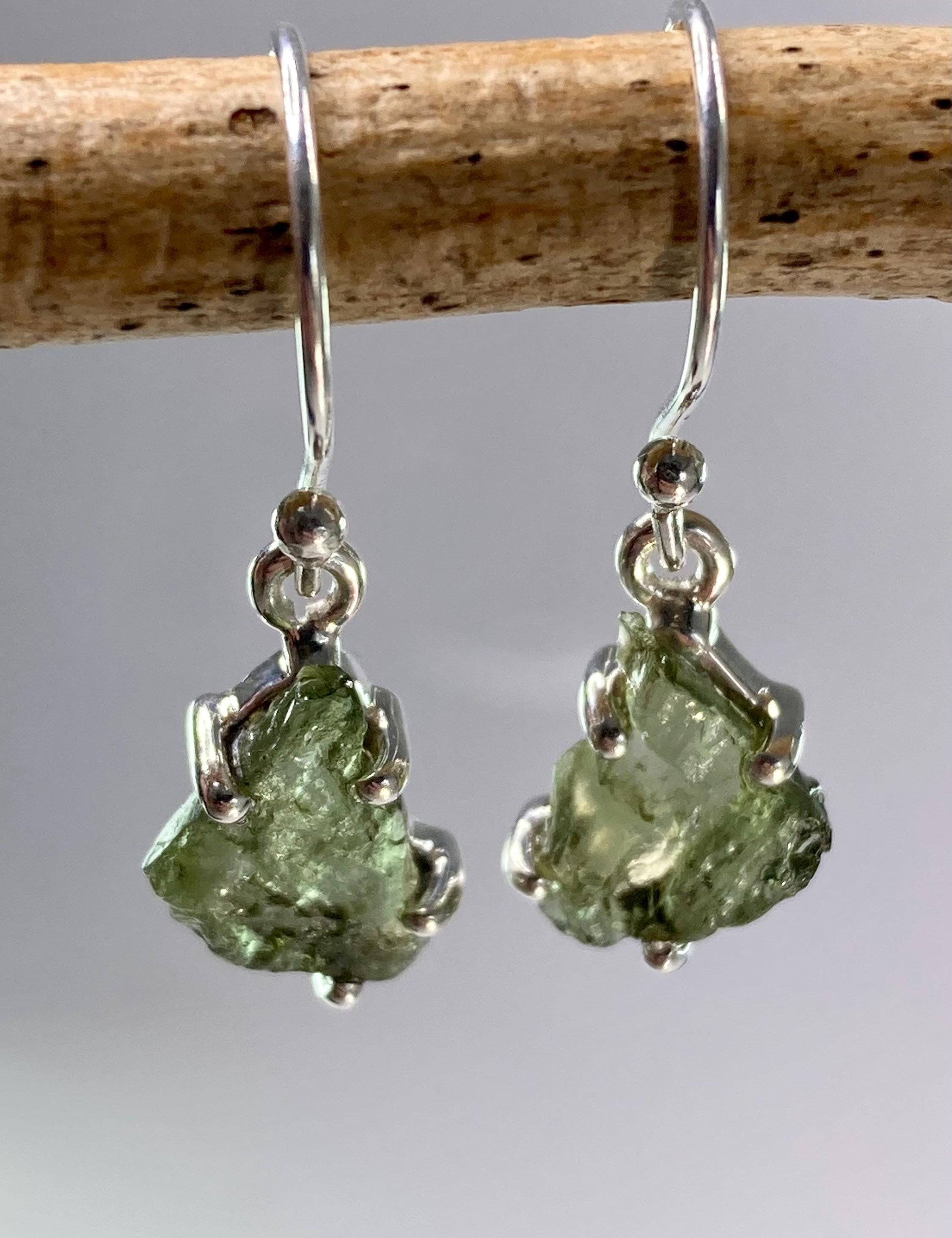AAA Natural Moldavite and Silver Dangle Earrings