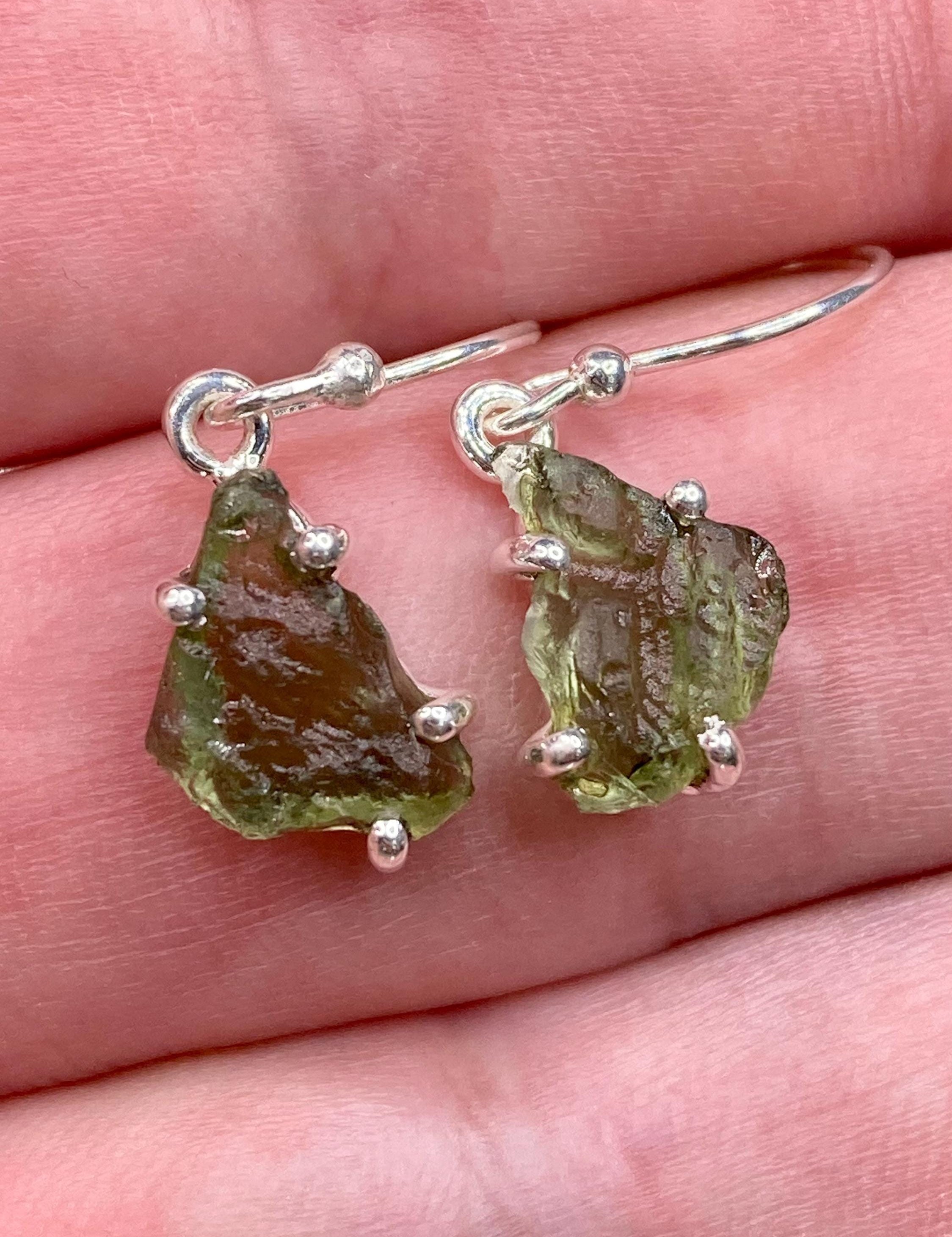 AAA Natural Moldavite and Silver Dangle Earrings