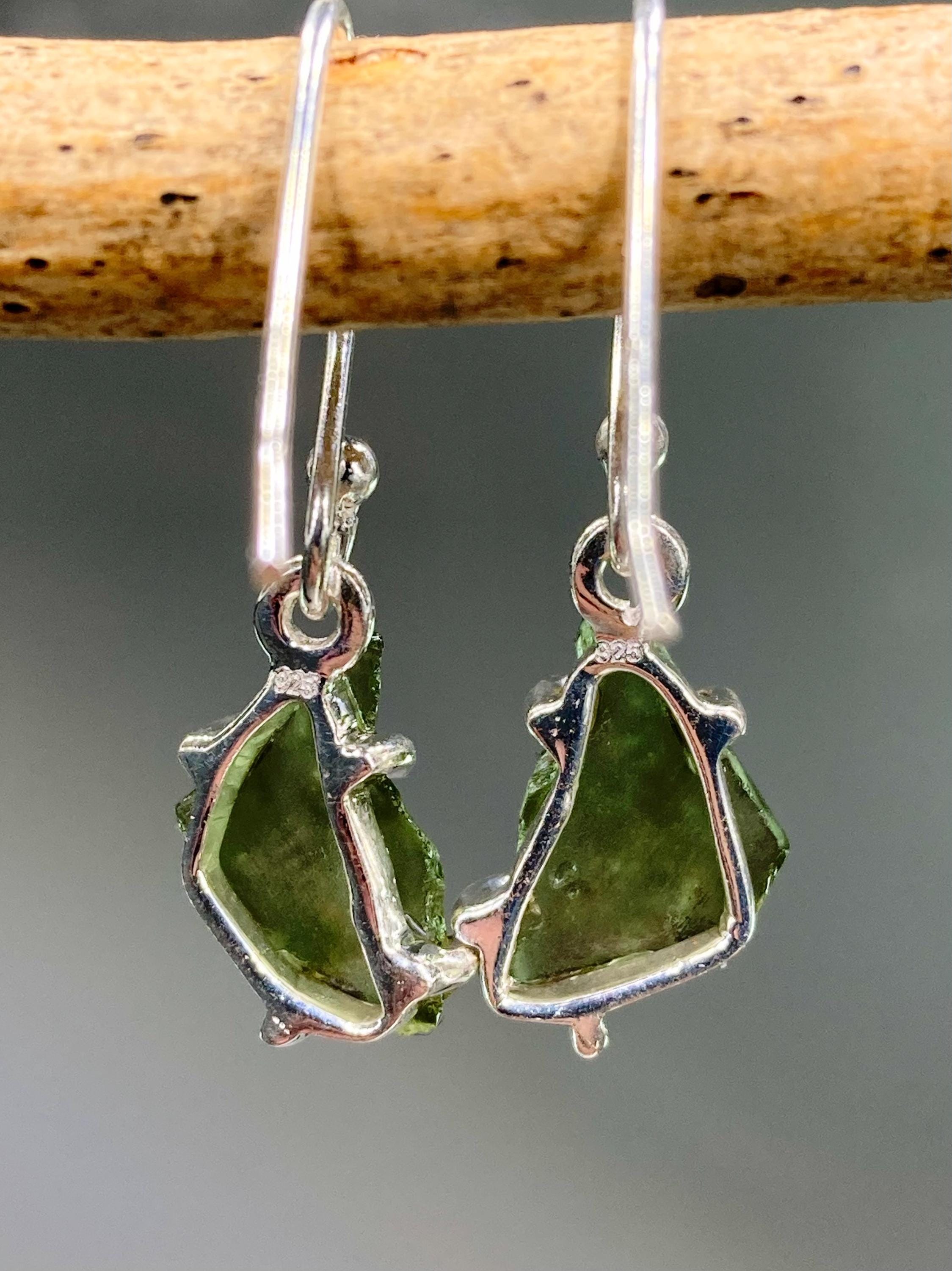 AAA Natural Moldavite and Silver Dangle Earrings