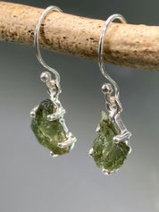 AAA Natural Moldavite and Silver Dangle Earrings