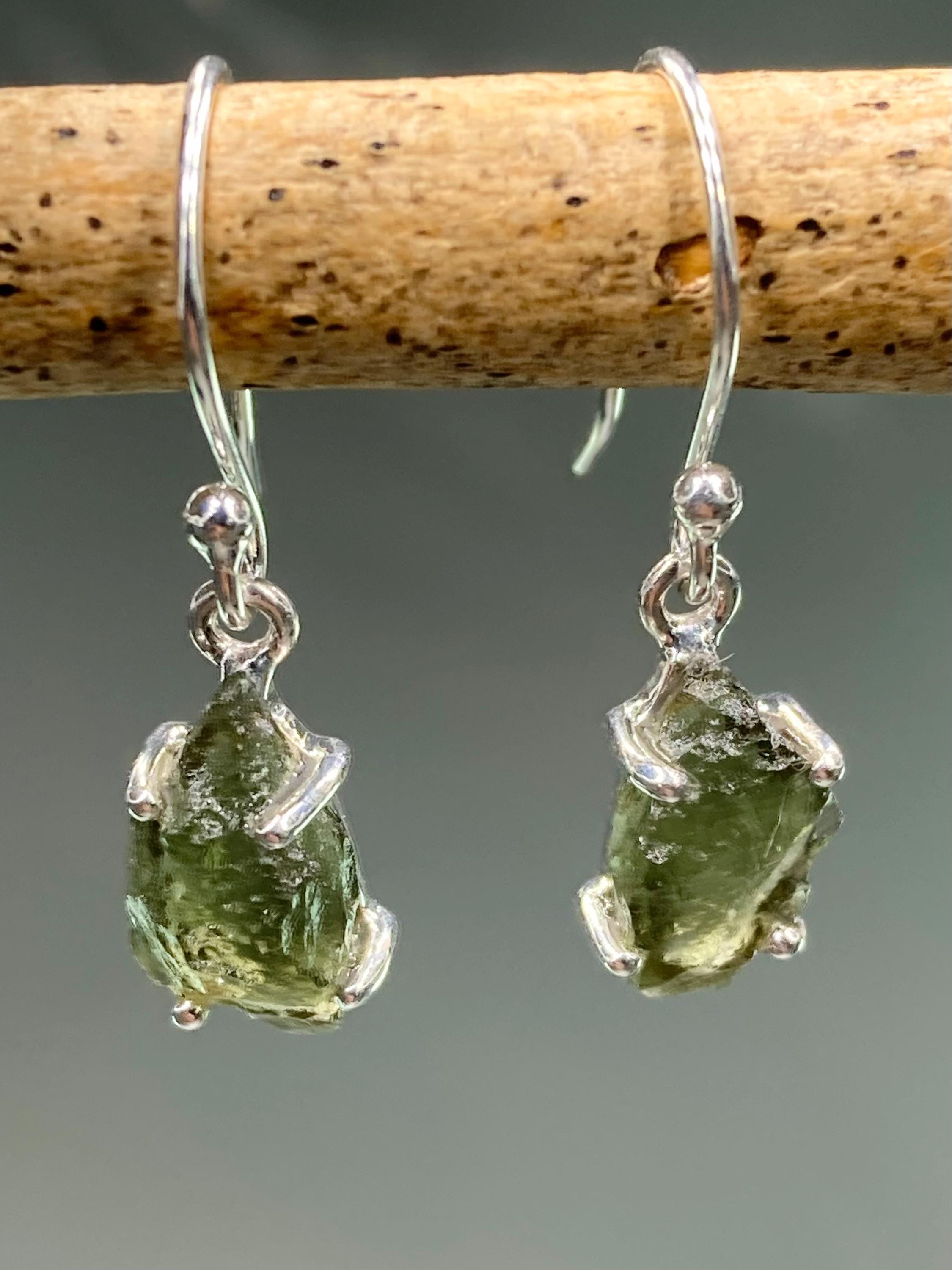 AAA Natural Moldavite and Silver Dangle Earrings