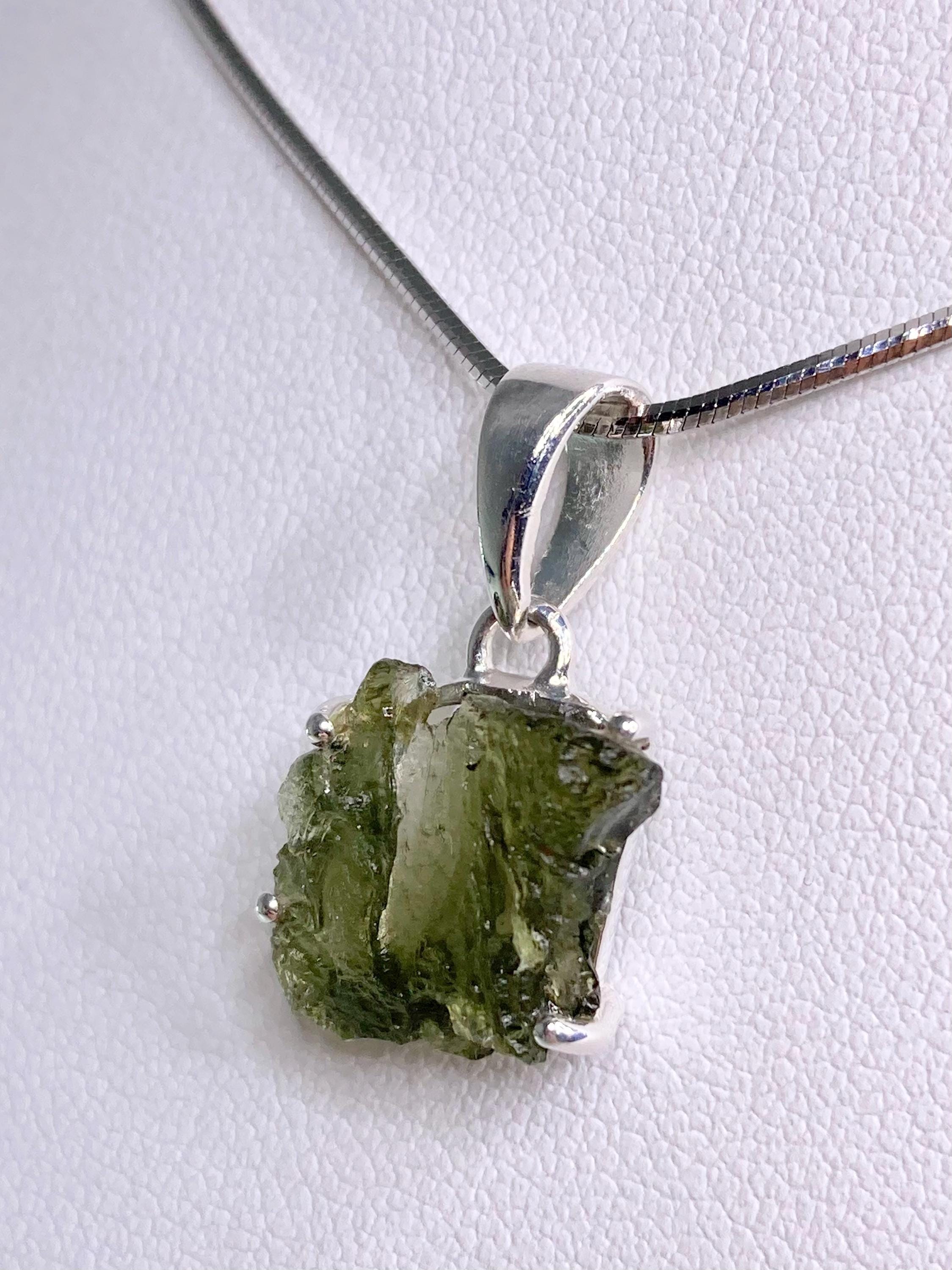Natural MOLDAVITE and Sterling Silver Pendant