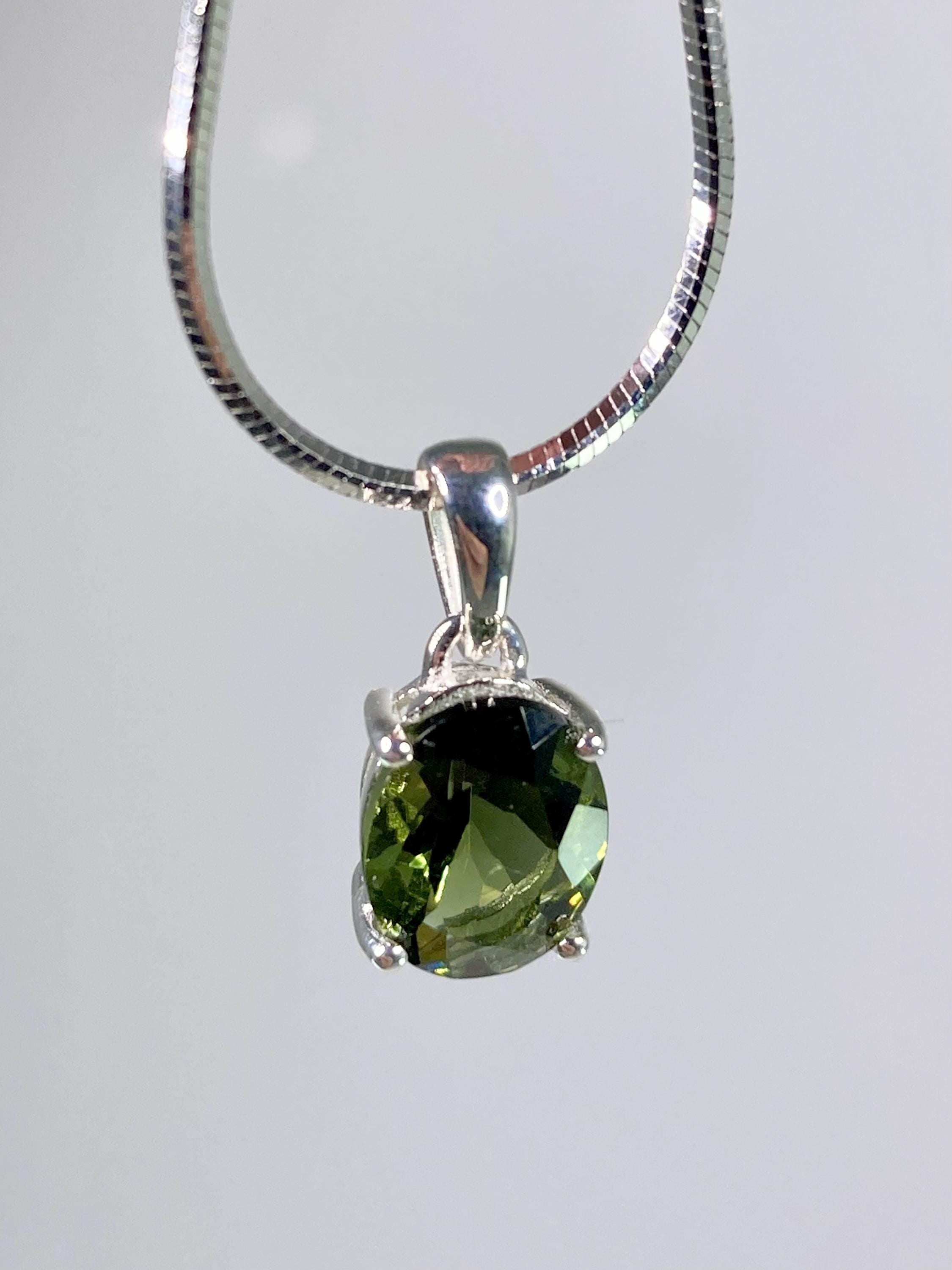 Fine Cut Faceted MOLDAVITE and Sterling Silver Pendant
