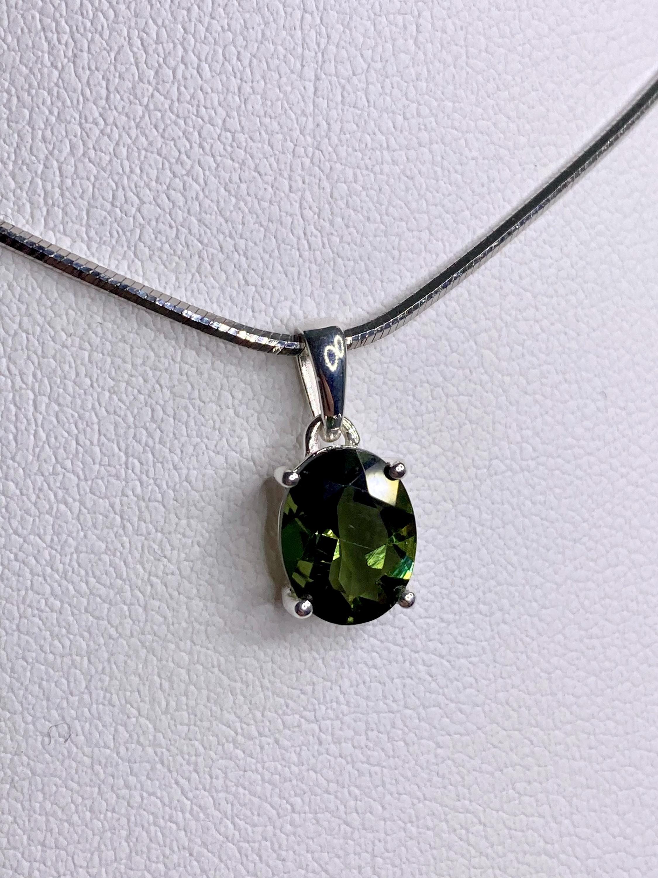 Fine Cut Faceted MOLDAVITE and Sterling Silver Pendant