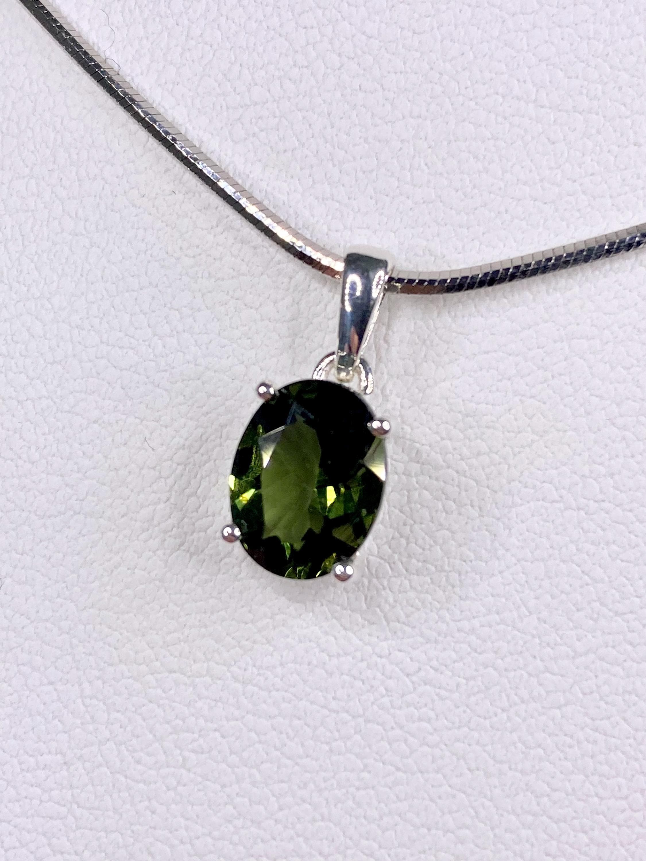 Fine Cut Faceted MOLDAVITE and Sterling Silver Pendant