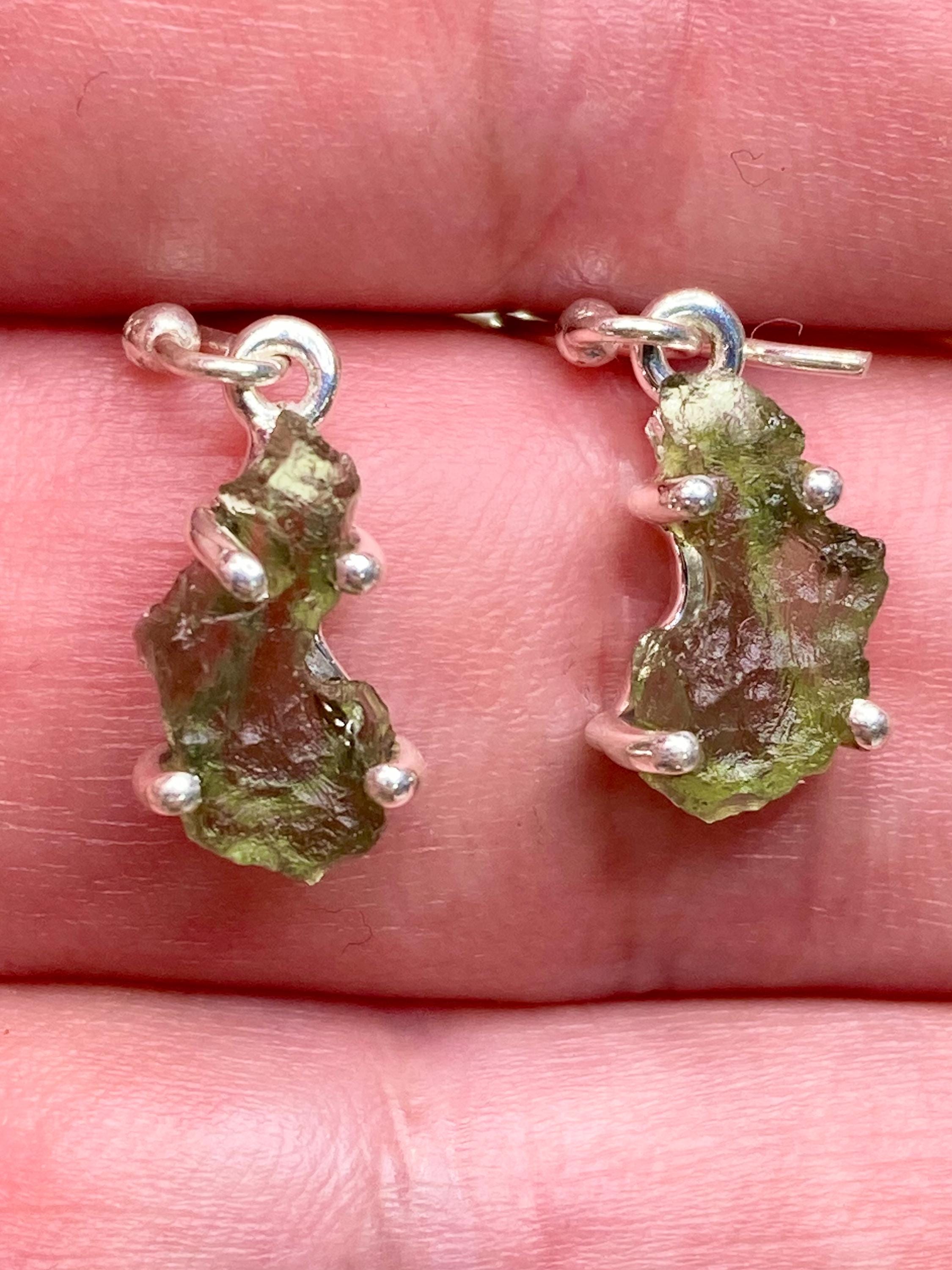 Natural Uncut Moldavite Sterling Silver Dangle Earrings