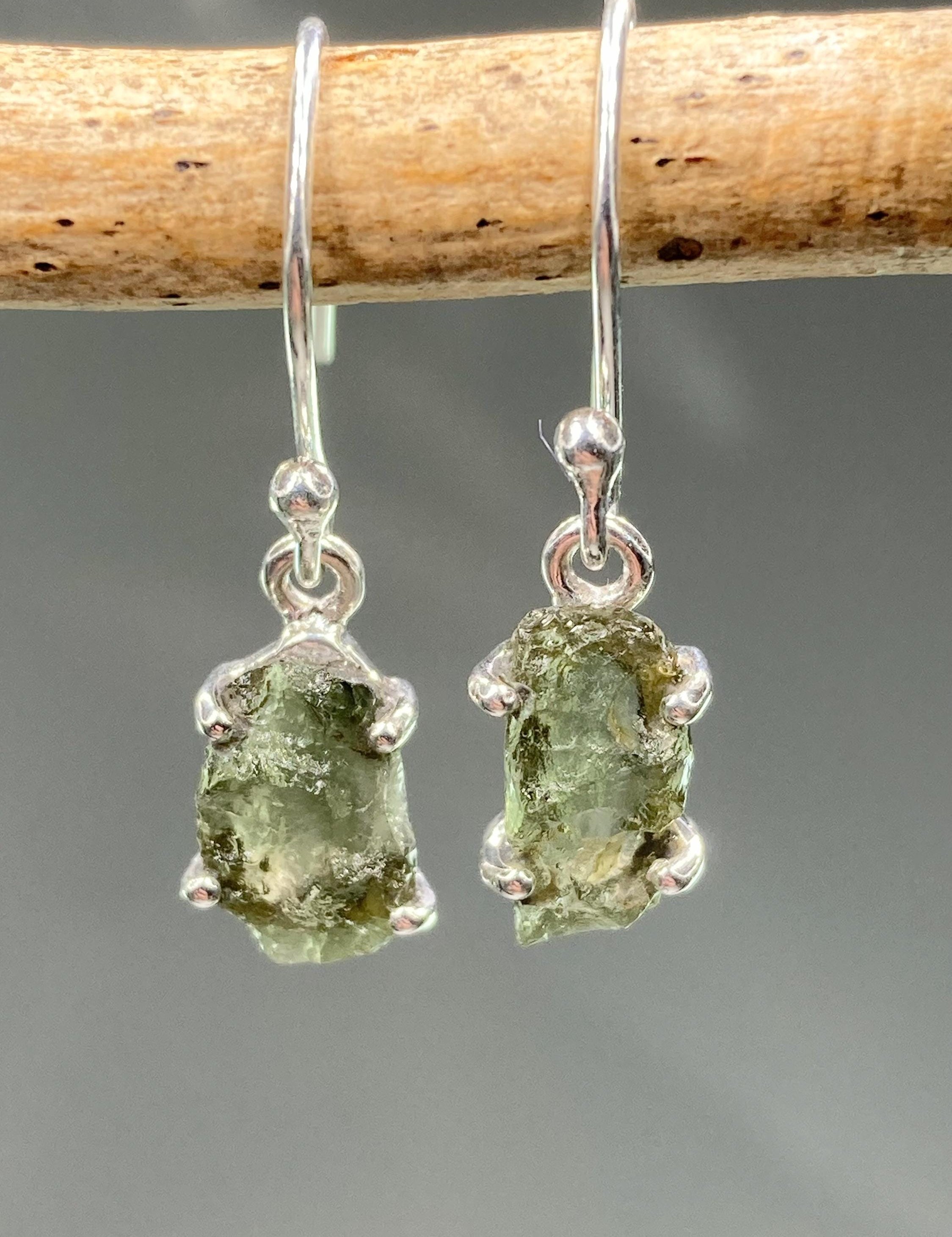 AAA Natural Moldavite and Silver Dangle Earrings