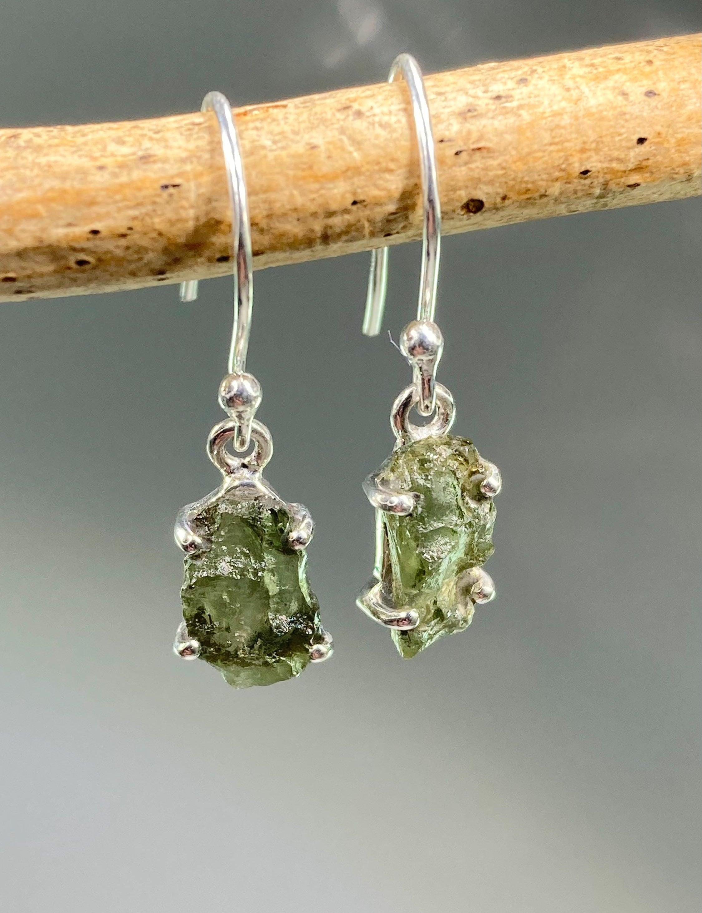 AAA Natural Moldavite and Silver Dangle Earrings
