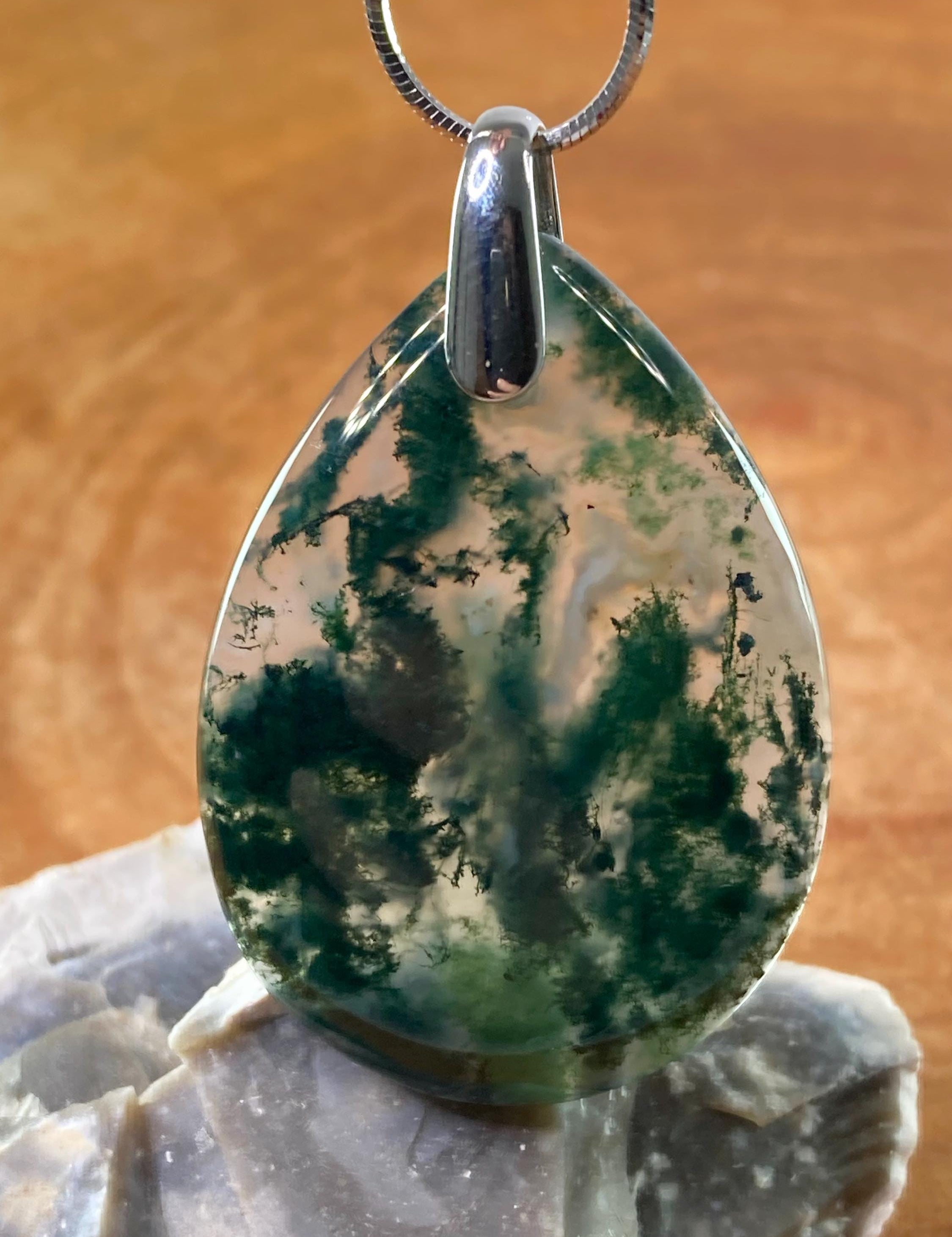 Moss Agate Silver Teardrop Pendant