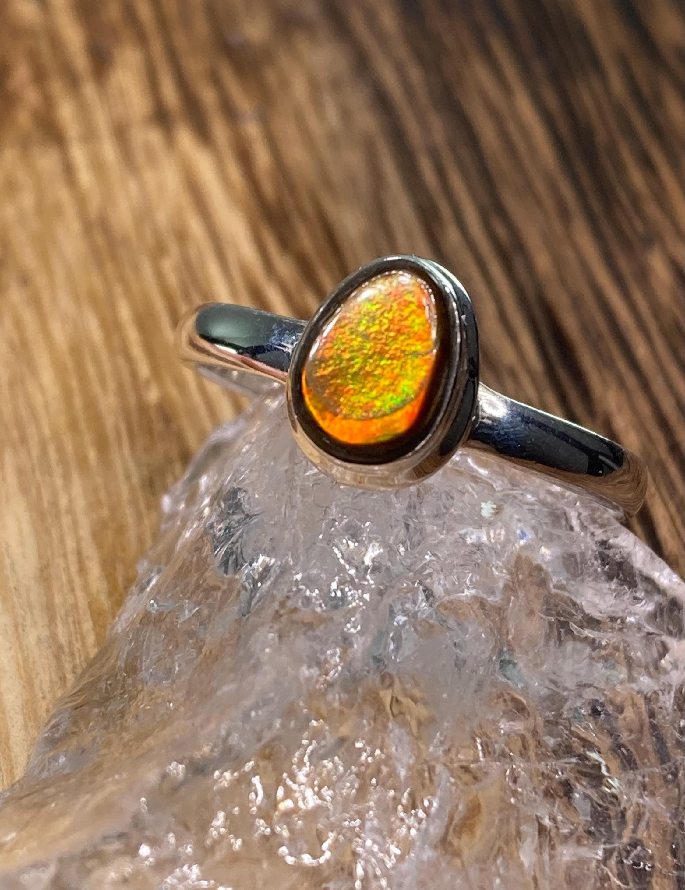 Pear-Cut Ammolite Sterling Silver Ring - Iridescent Green & Orange