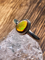 Pear-Cut Ammolite Sterling Silver Ring - Iridescent Green & Orange