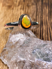 Pear-Cut Ammolite Sterling Silver Ring - Iridescent Green & Orange