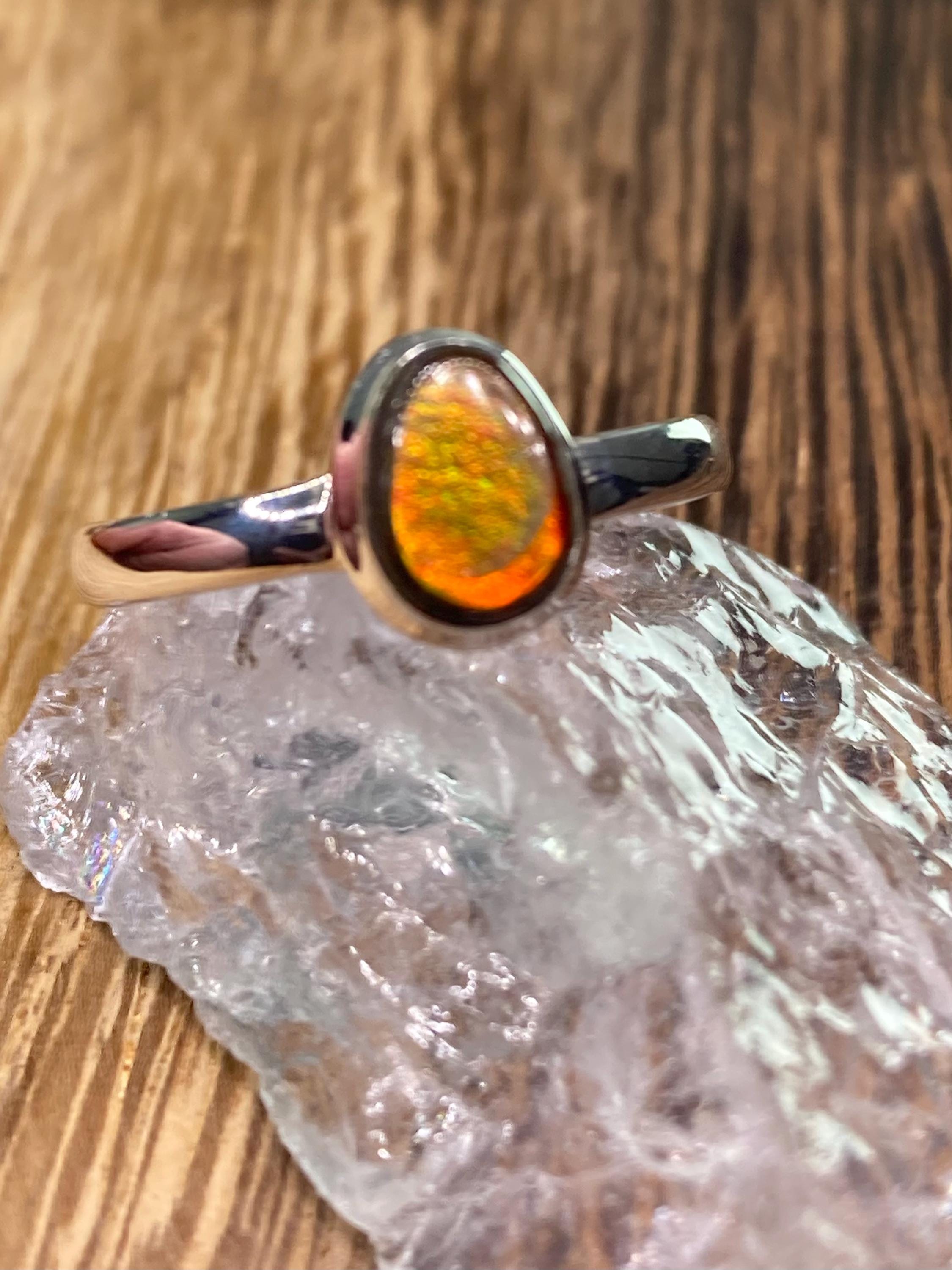 Pear-Cut Ammolite Sterling Silver Ring - Iridescent Green & Orange