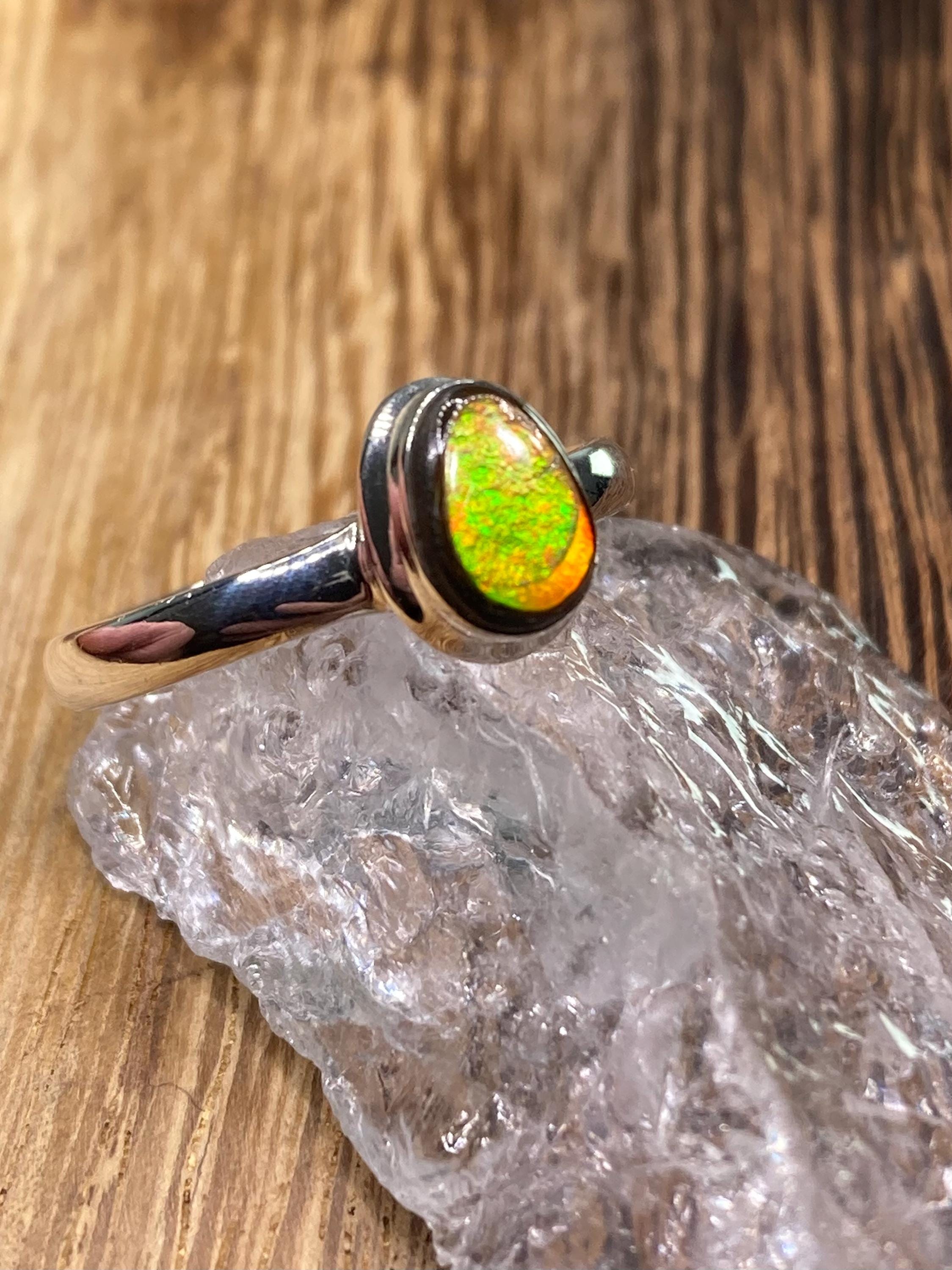Pear-Cut Ammolite Sterling Silver Ring - Iridescent Green & Orange