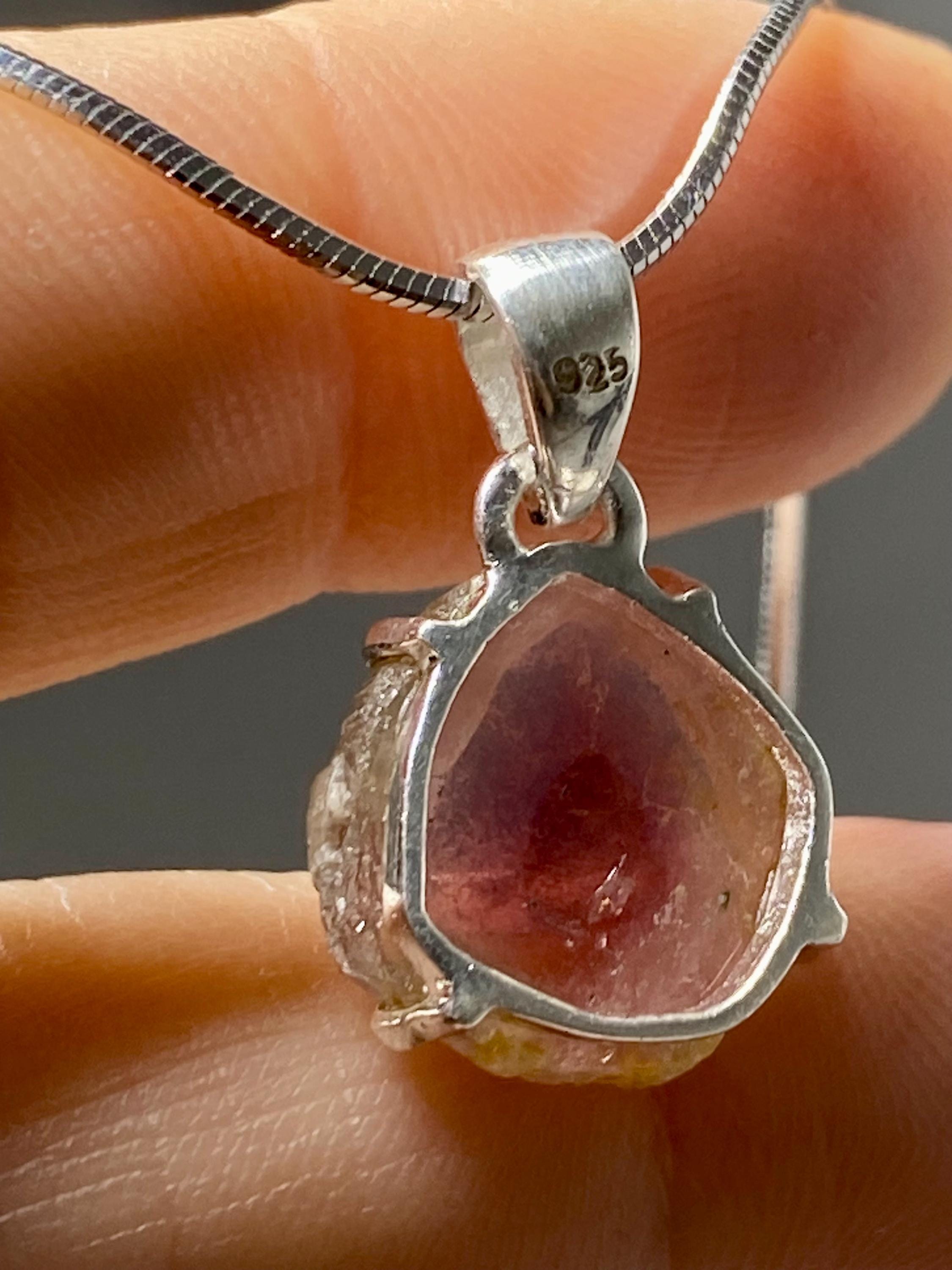 Watermelon Tourmaline Slice and Solid Silver Pendant