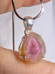 Watermelon Tourmaline Slice and Solid Silver Pendant