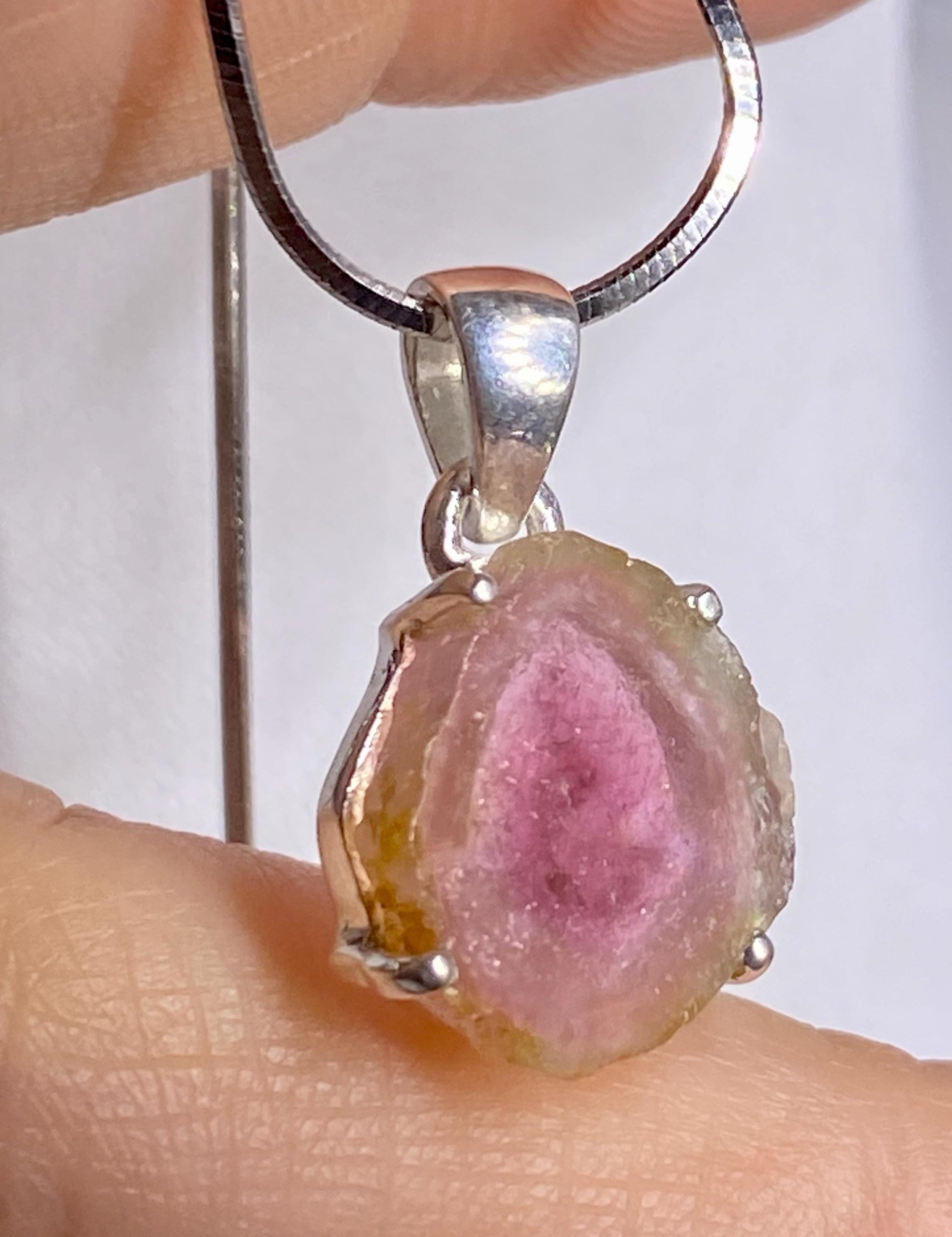 Watermelon Tourmaline Slice and Solid Silver Pendant
