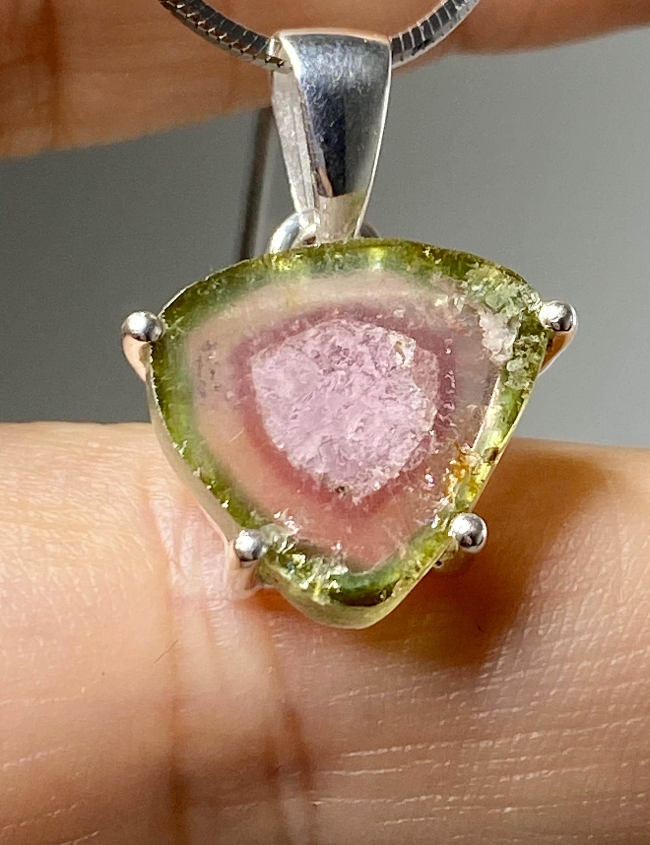 Watermelon Tourmaline Slice and Solid Silver Pendant