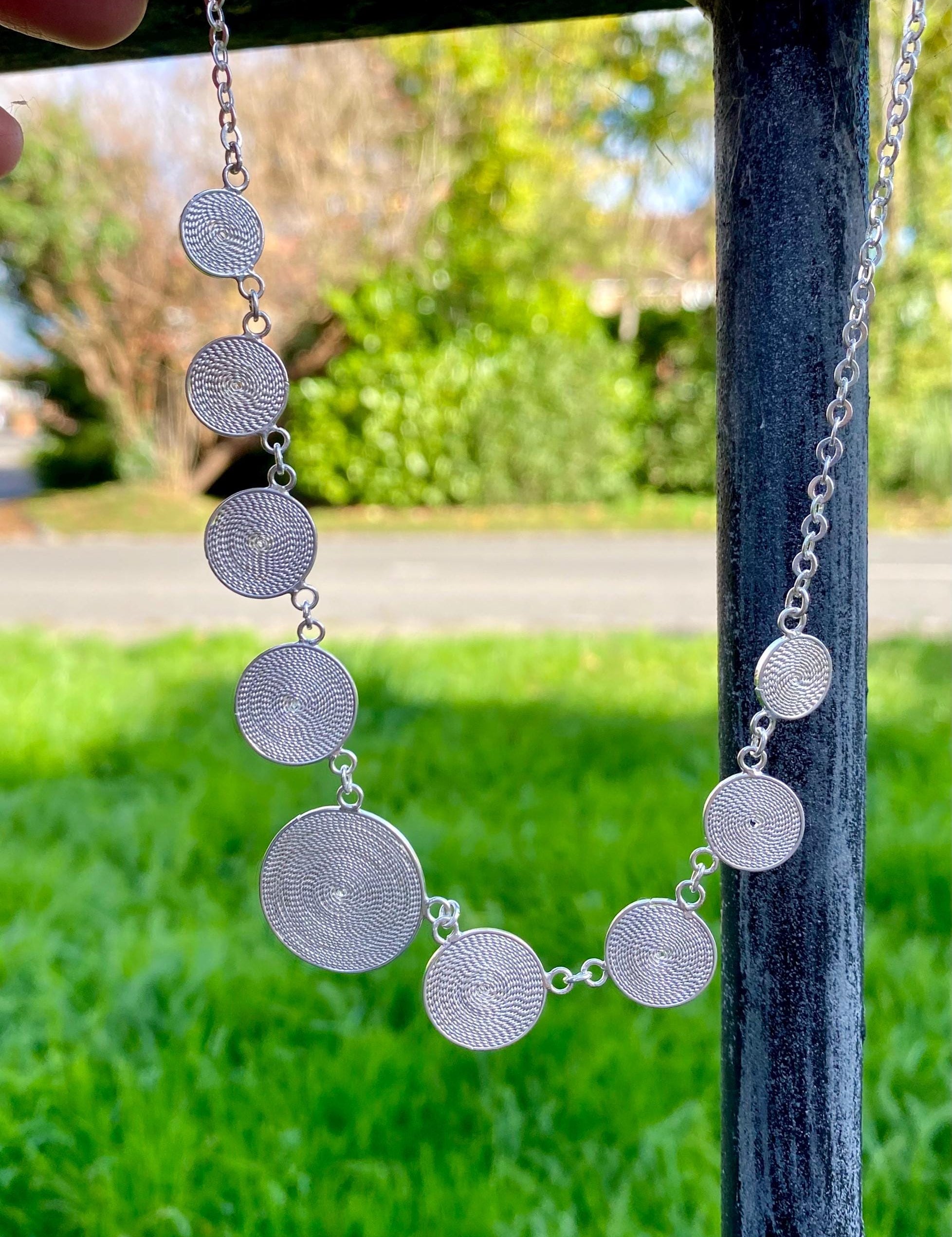 An Original Fine 980 Silver Disk Spiral Necklace