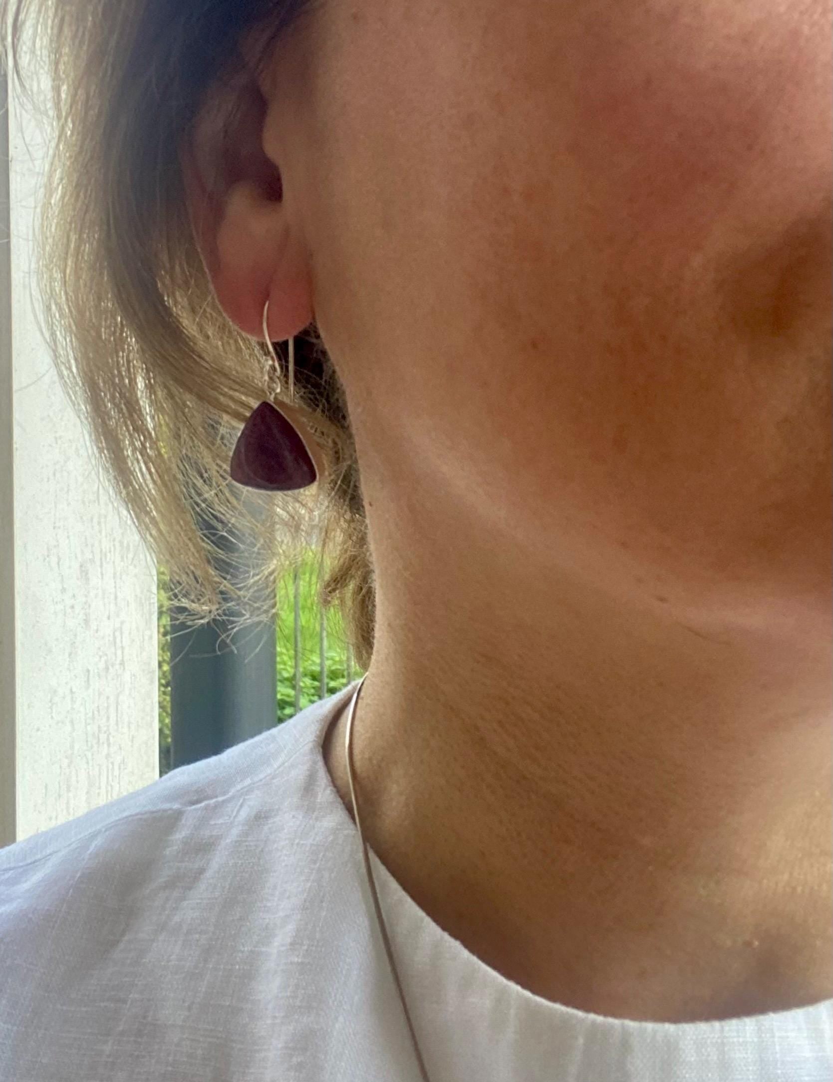 Triangle shaped Natural African Ruby Sterling Silver Dangle Earrings