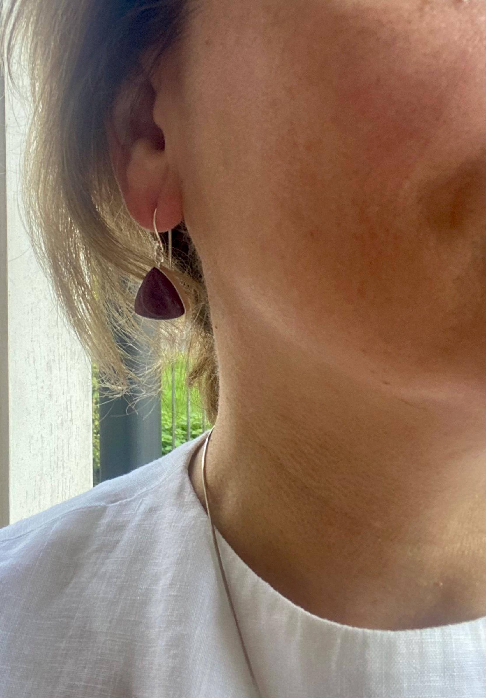 Triangle shaped Natural African Ruby Sterling Silver Dangle Earrings