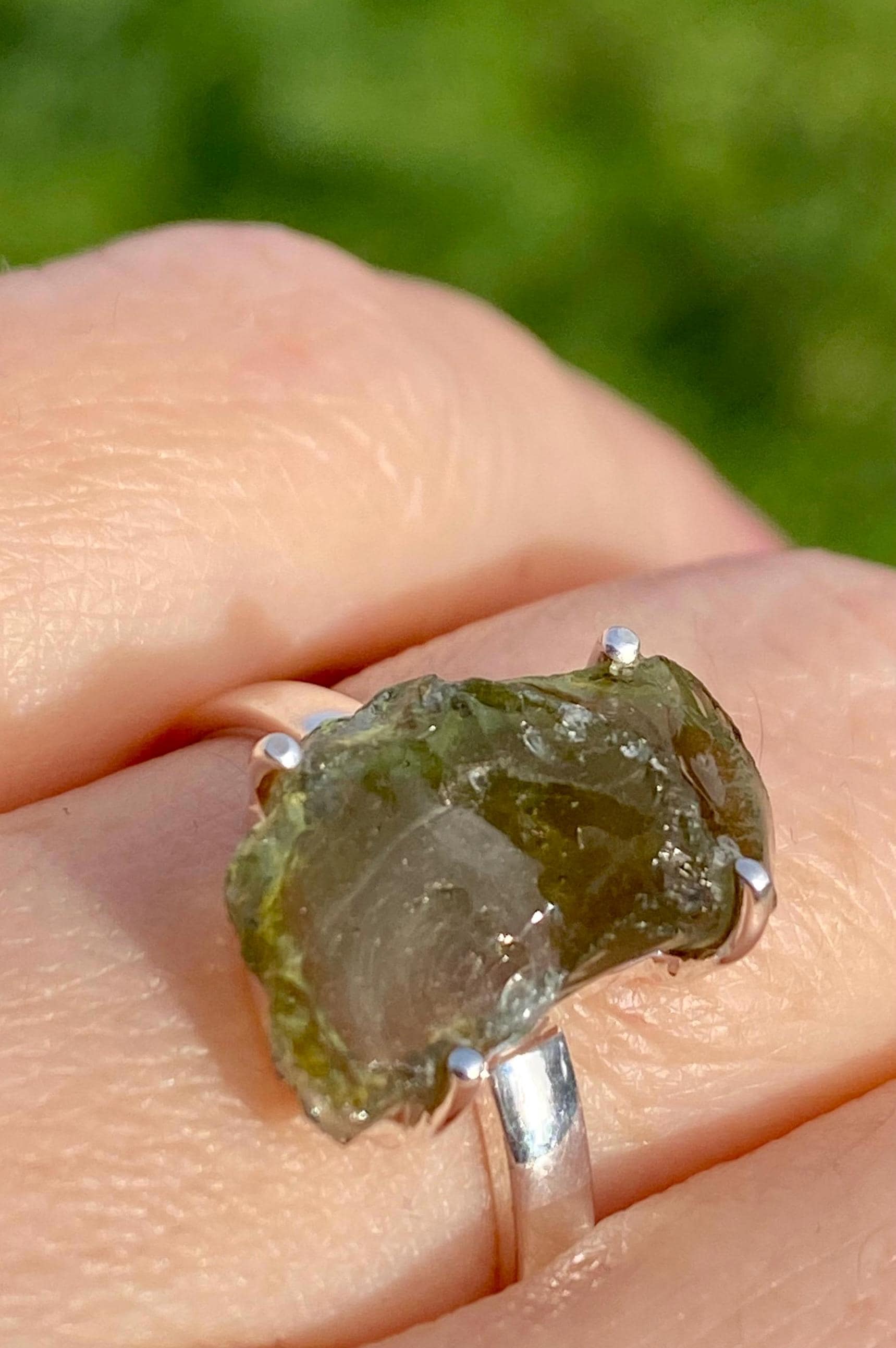 Grade AAA - Natural MOLDAVITE and Sterling Silver Ring.
