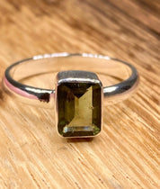 Grade AAA - Fine Cut Natural Faceted MOLDAVITE and Sterling Silver Ring.