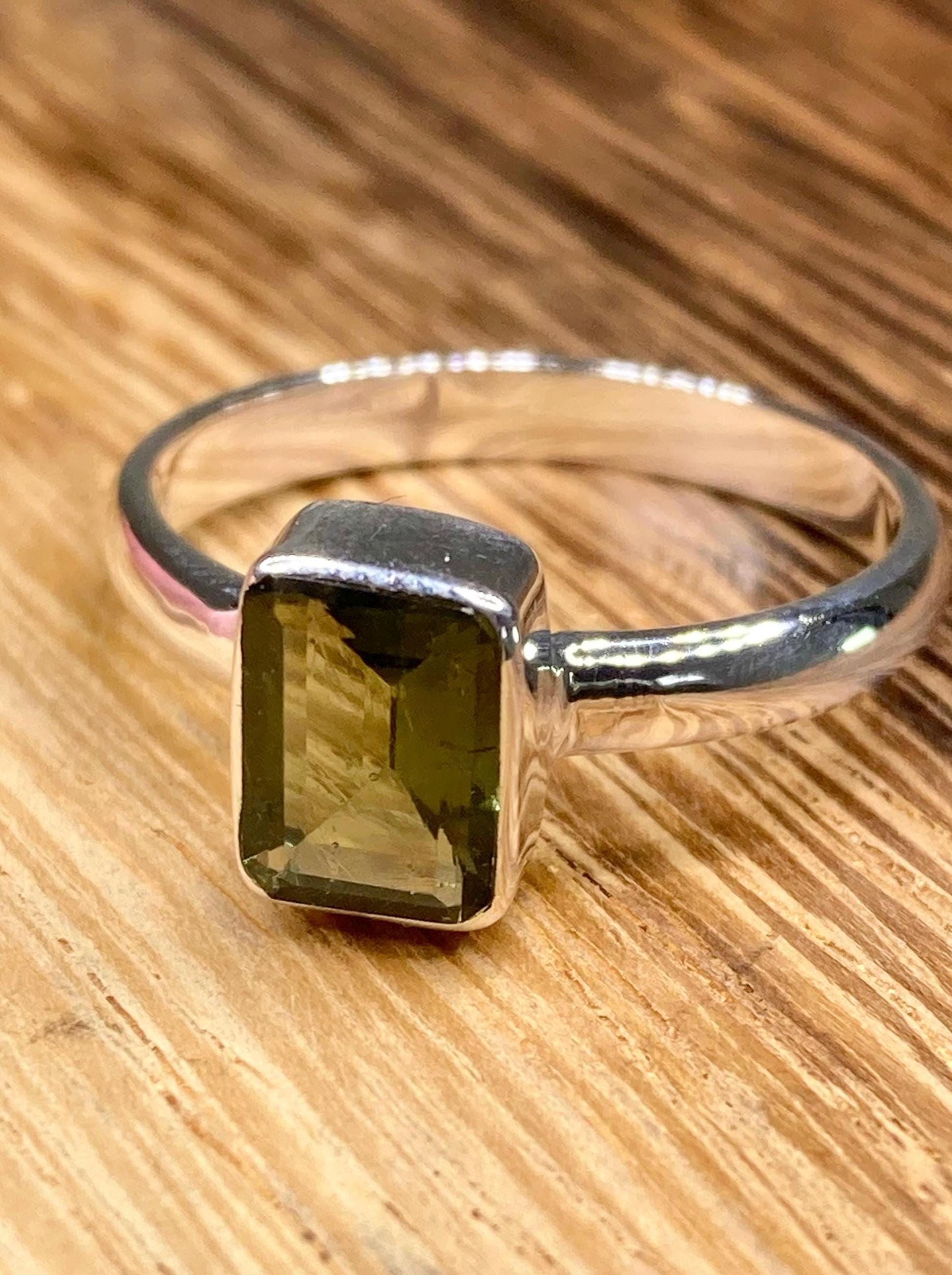 Grade AAA - Fine Cut Natural Faceted MOLDAVITE and Sterling Silver Ring.
