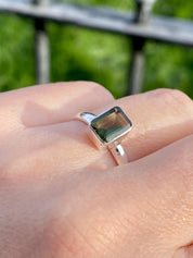 Grade AAA - Fine Cut Natural Faceted MOLDAVITE and Sterling Silver Ring.