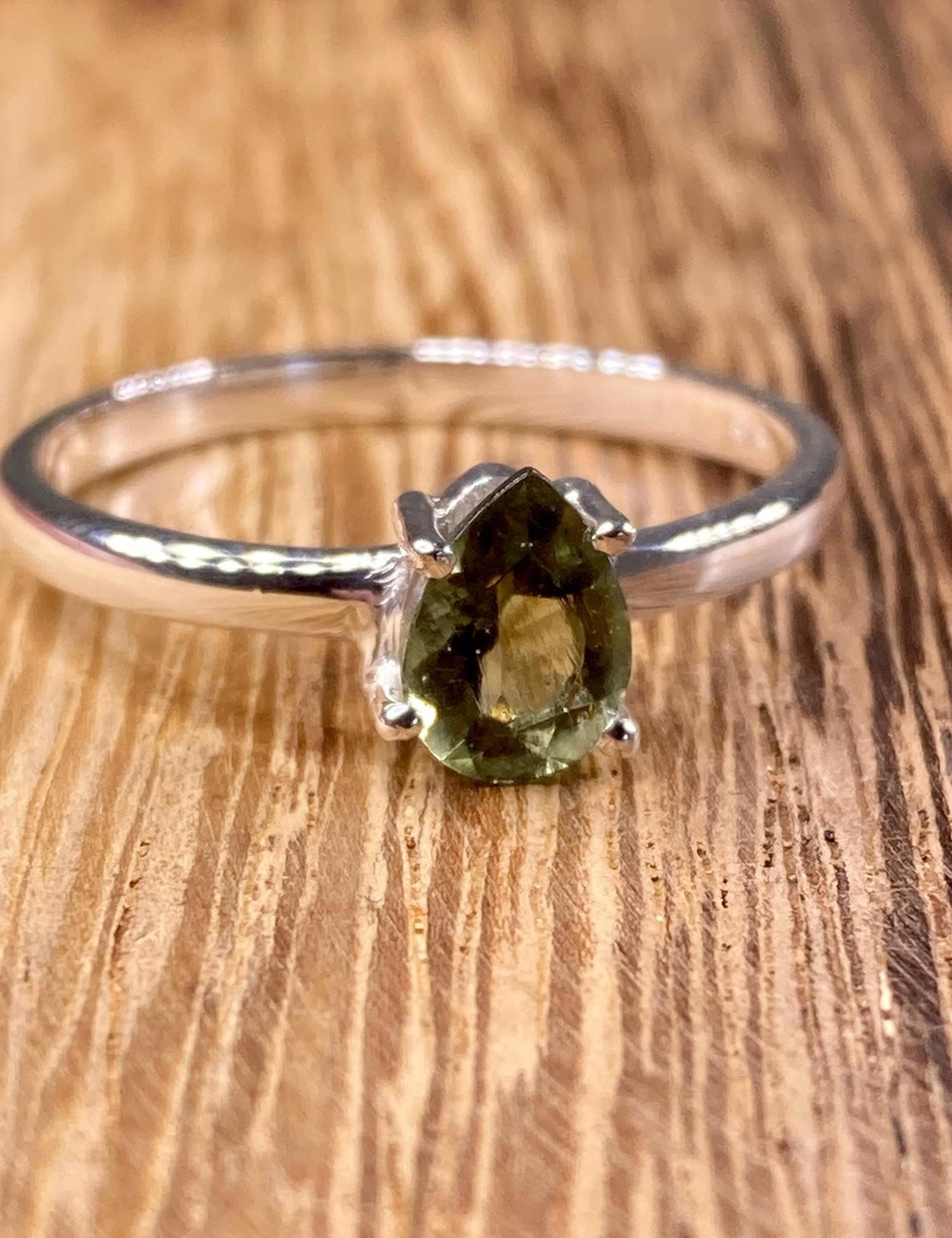 Grade AAA - Fine Cut Natural Faceted MOLDAVITE and Sterling Silver Ring.