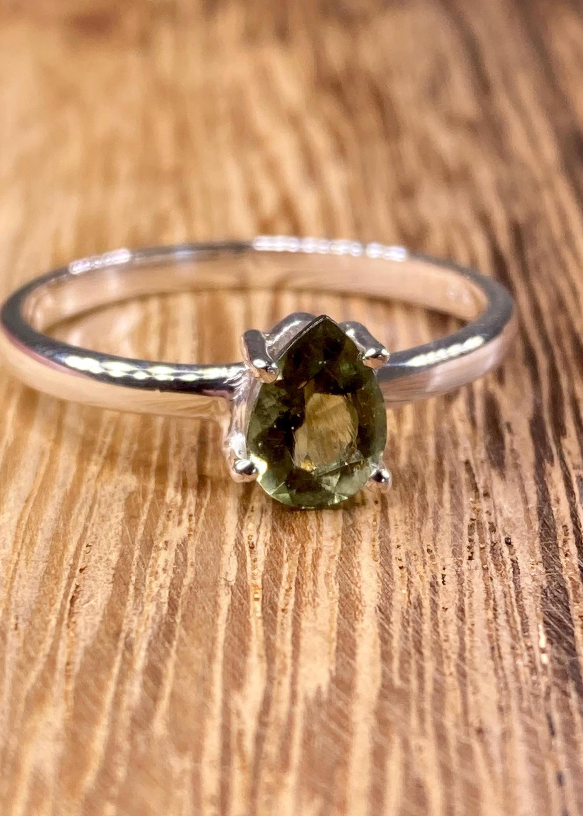 Grade AAA - Fine Cut Natural Faceted MOLDAVITE and Sterling Silver Ring.