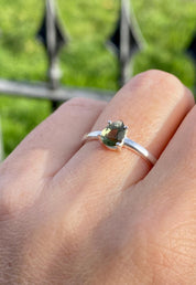 Grade AAA - Fine Cut Natural Faceted MOLDAVITE and Sterling Silver Ring.