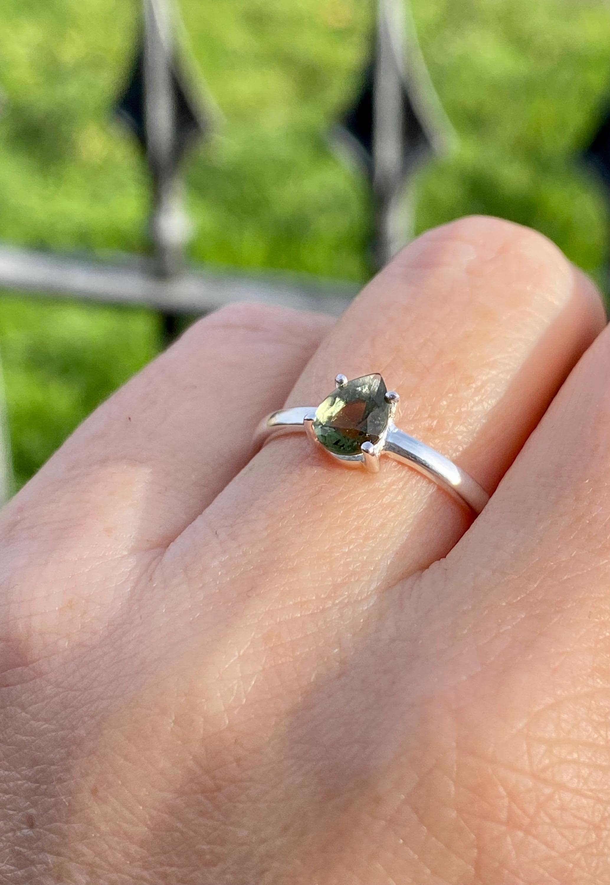 Grade AAA - Fine Cut Natural Faceted MOLDAVITE and Sterling Silver Ring.