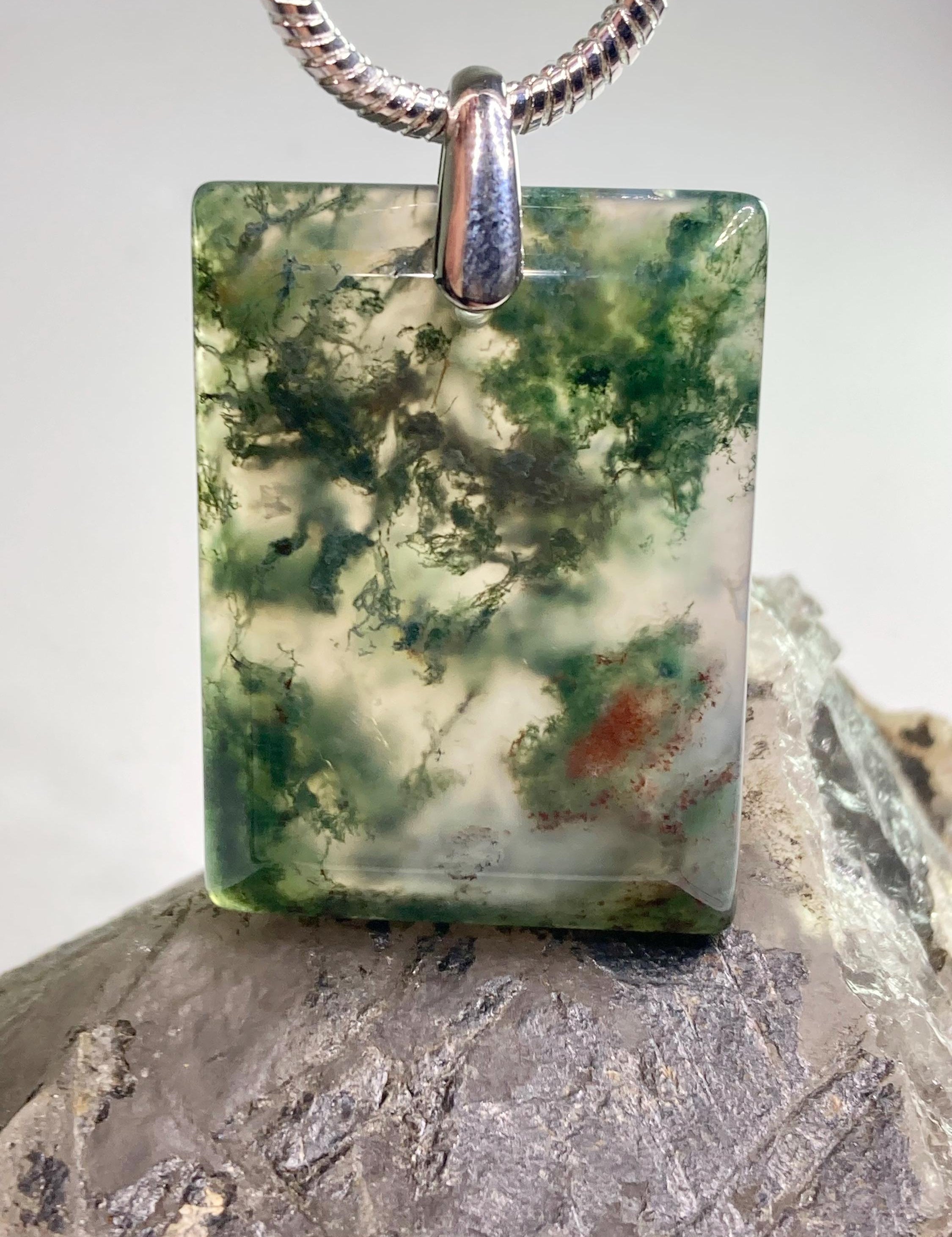 Moss Agate Silver Rectangular Pendant