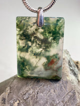 Moss Agate Silver Rectangular Pendant