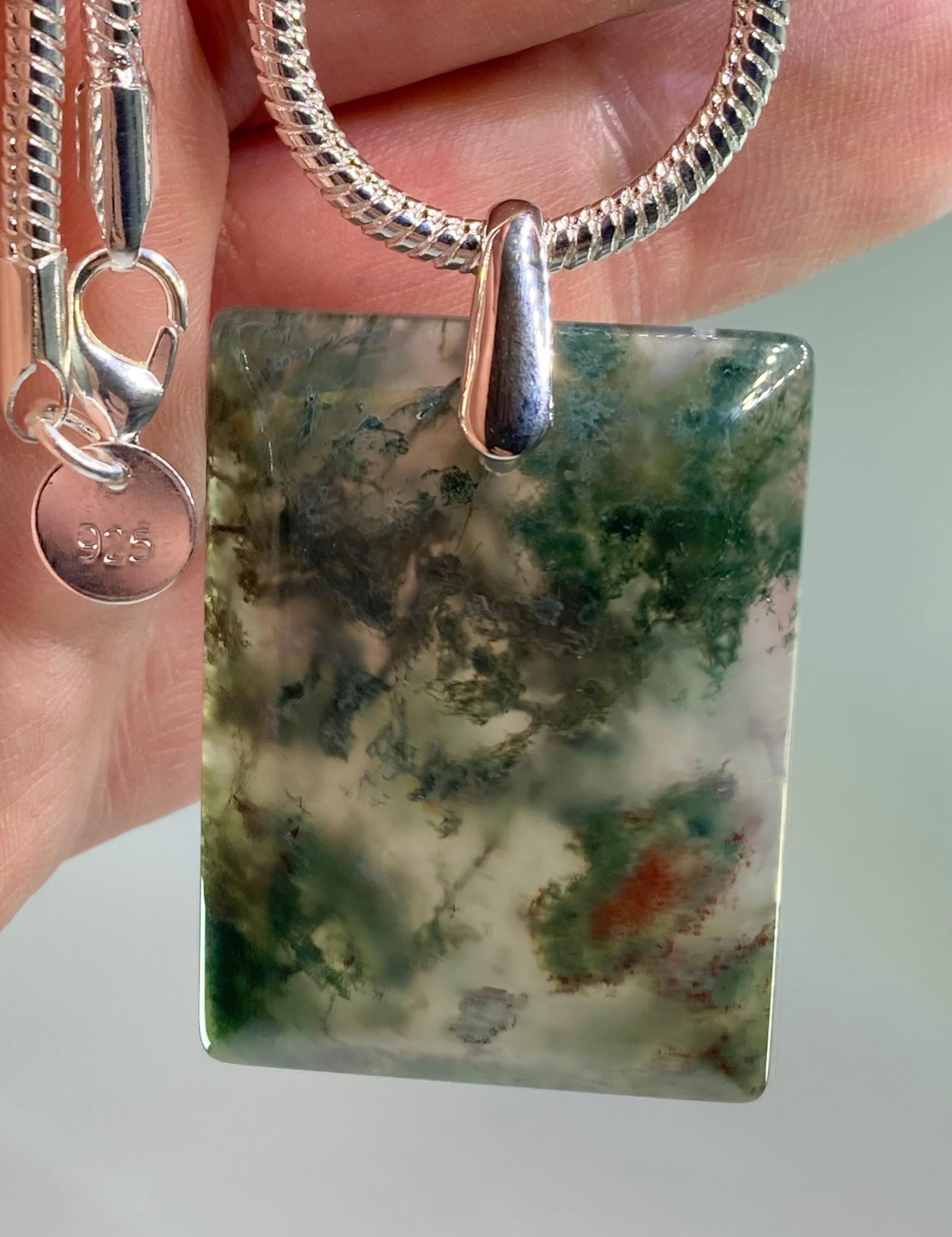 Moss Agate Silver Rectangular Pendant