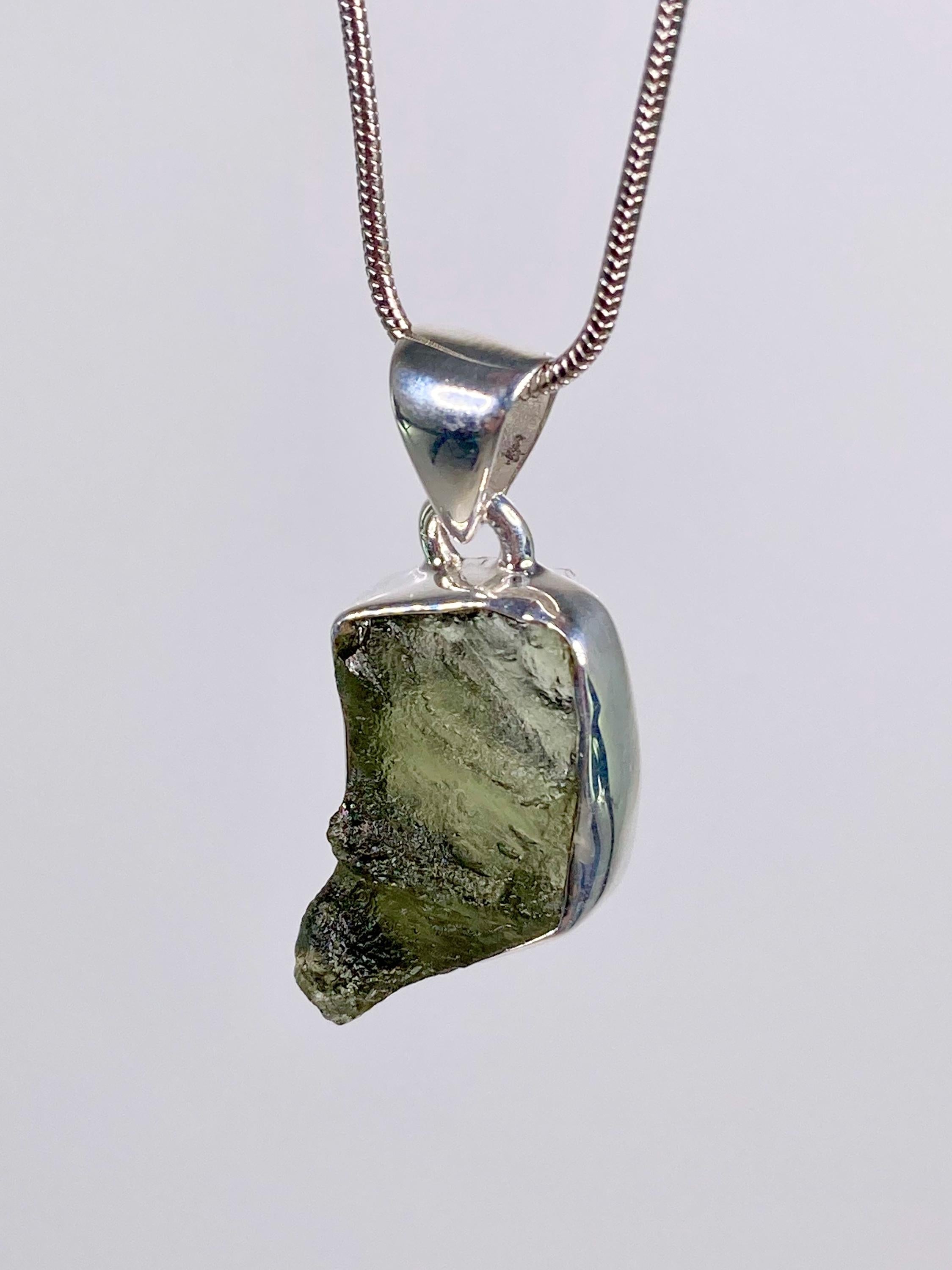 Natural MOLDAVITE and Sterling Silver Pendant