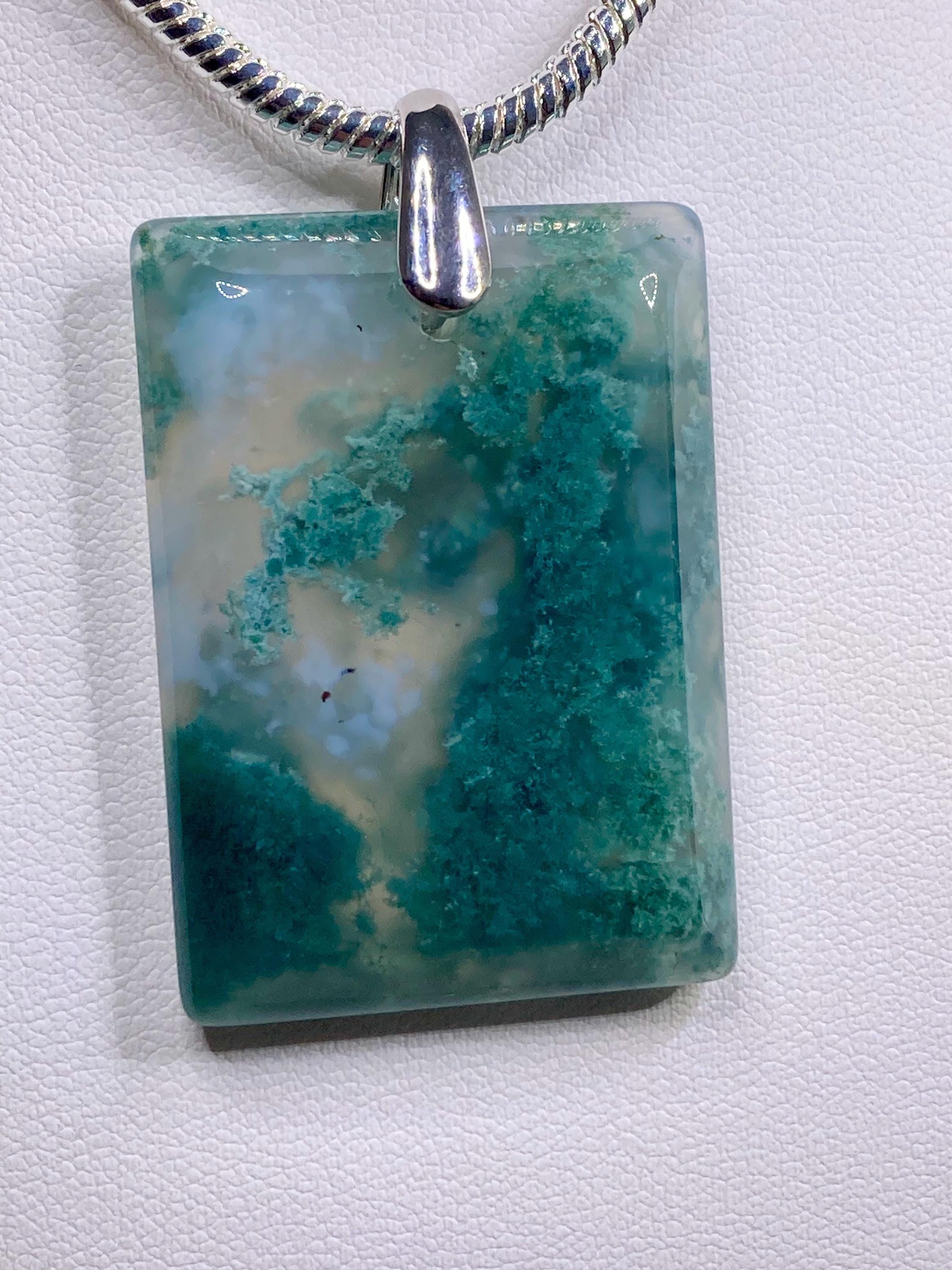 Moss Agate Silver Rectangular Pendant