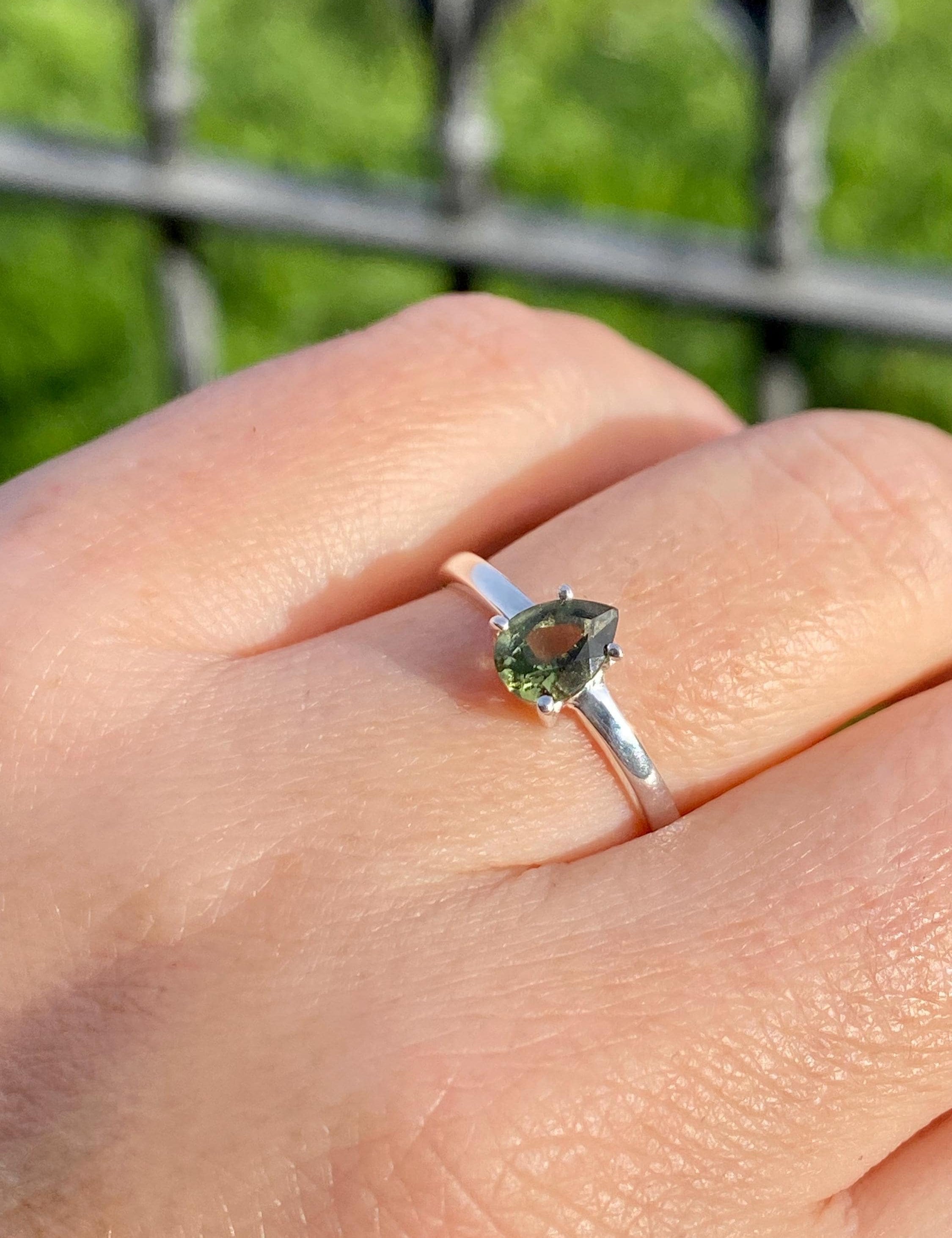 Grade AAA - Fine Cut Natural Faceted MOLDAVITE and Sterling Silver Ring.