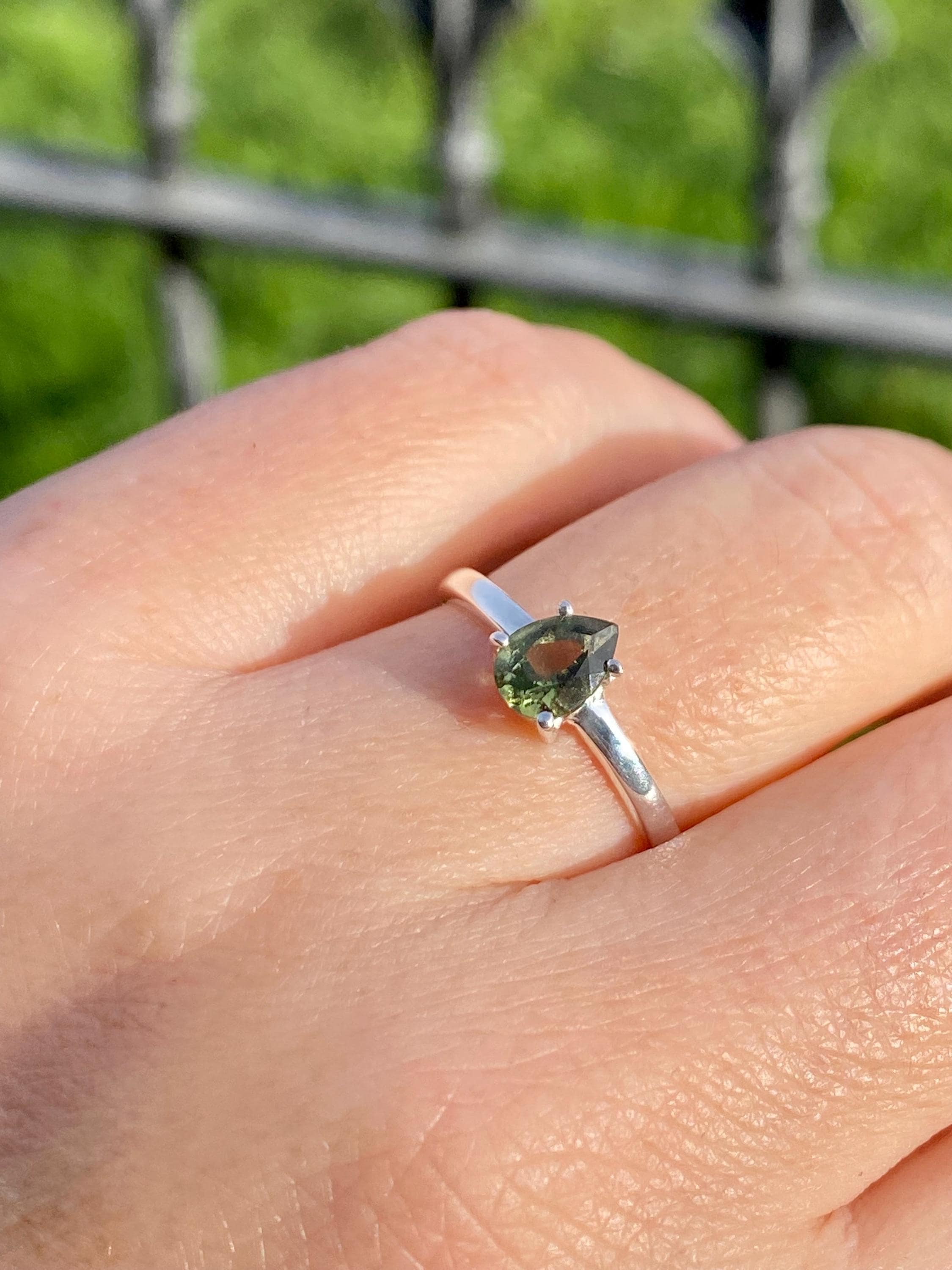 Grade AAA - Fine Cut Natural Faceted MOLDAVITE and Sterling Silver Ring.
