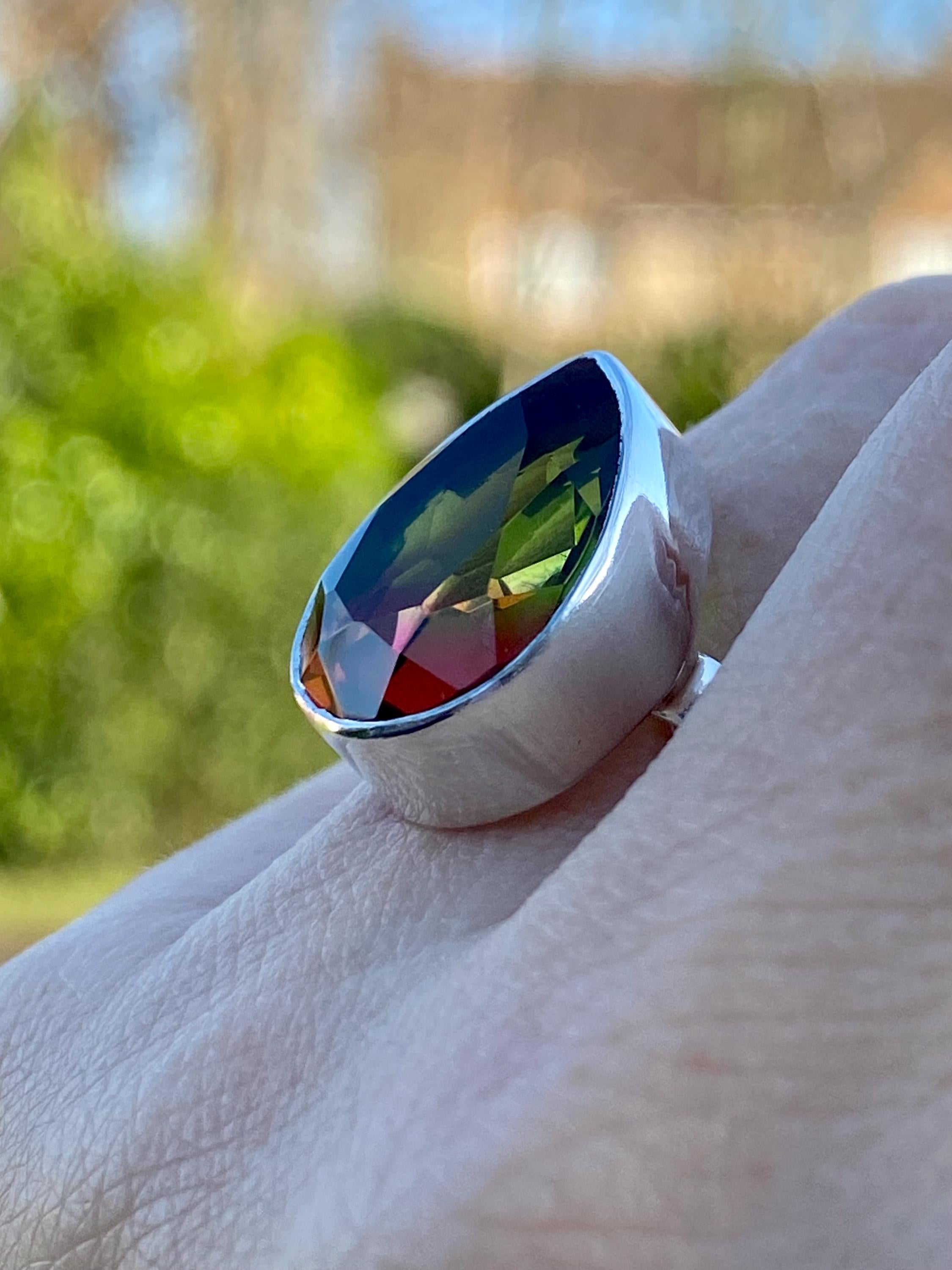 Watermelon Tourmaline Silver Teardrop Ring