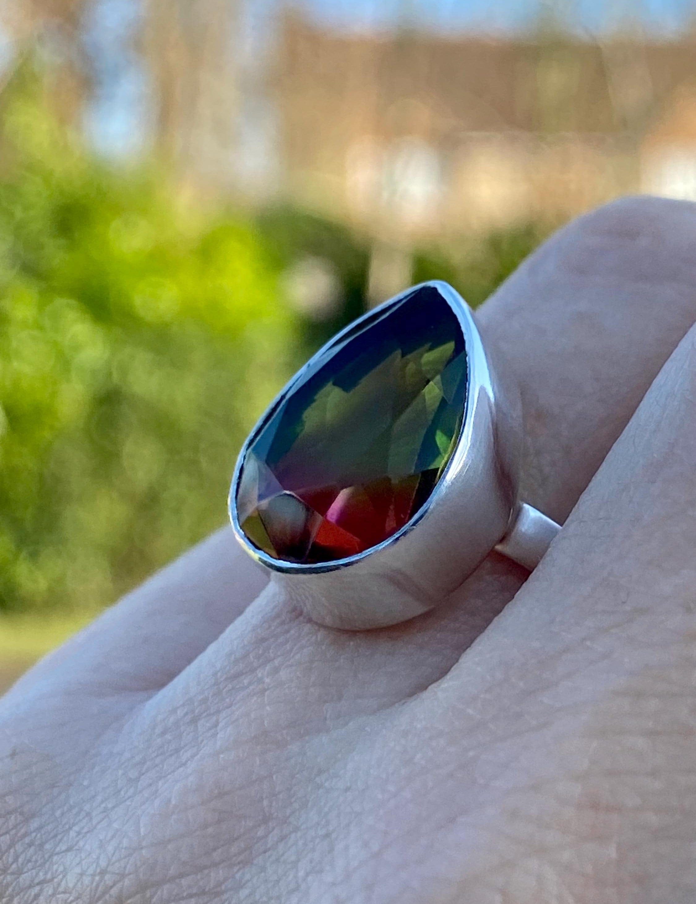 Watermelon Tourmaline Silver Teardrop Ring