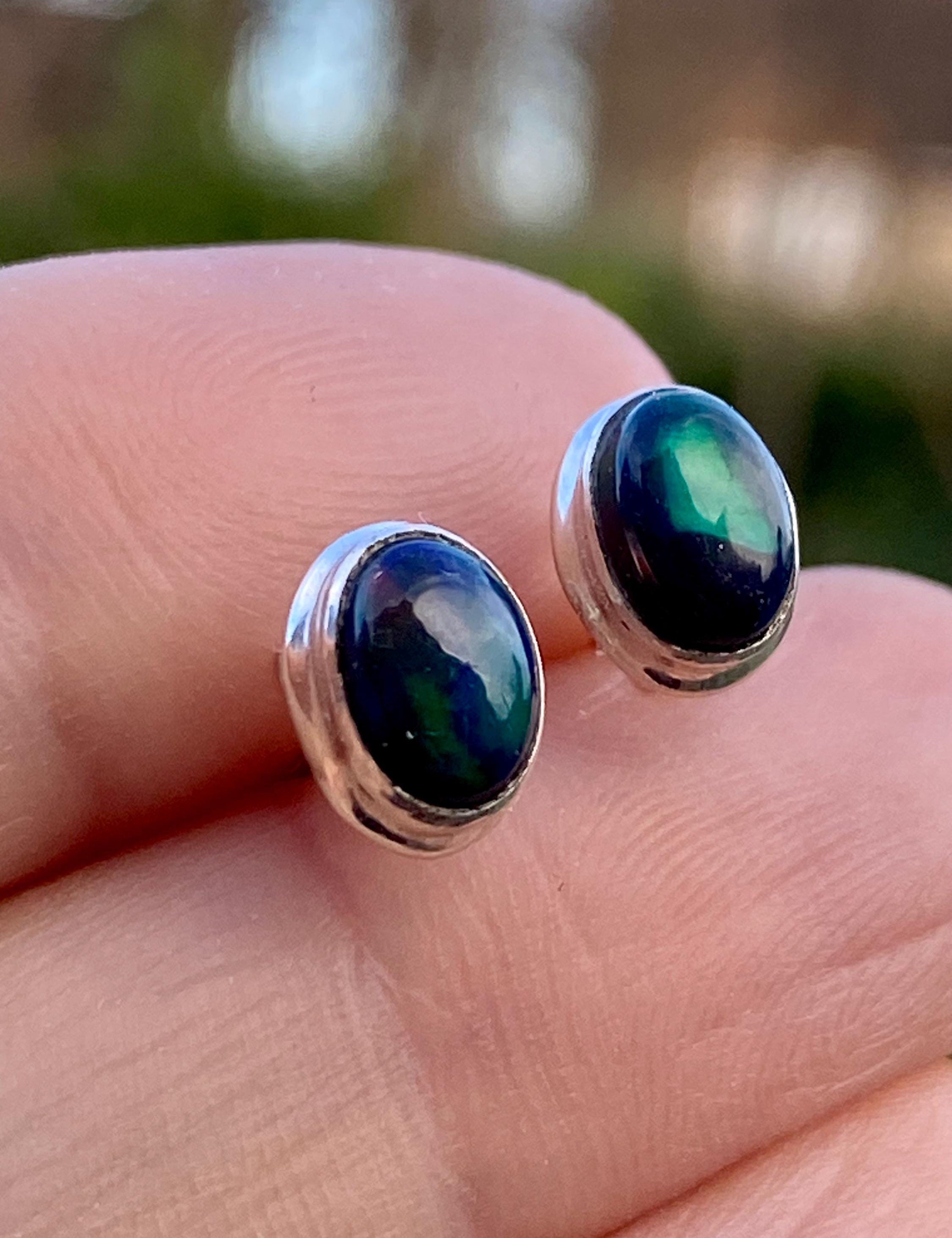 Natural Black Opal and Silver Earrings