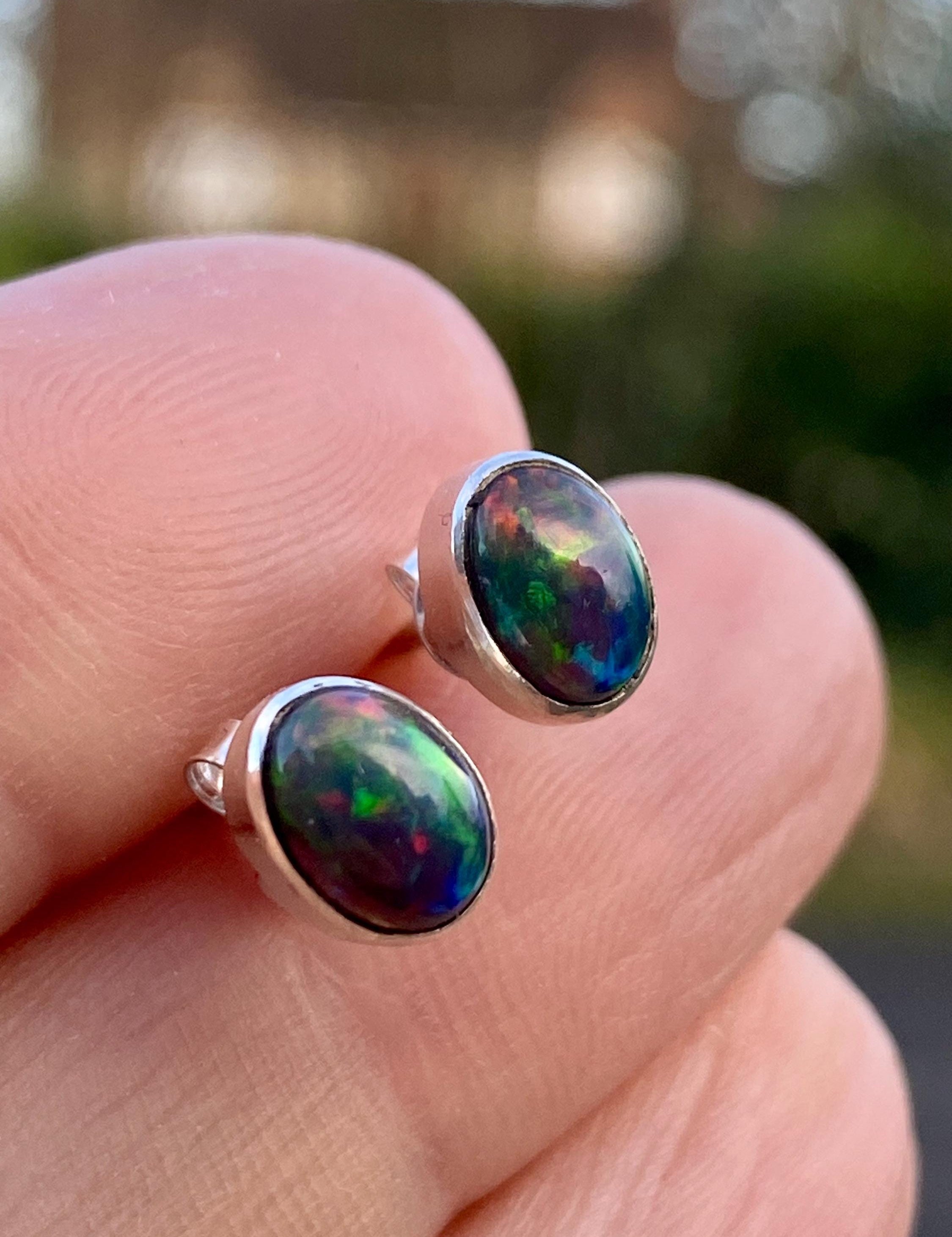 Natural Black Opal and Silver Earrings