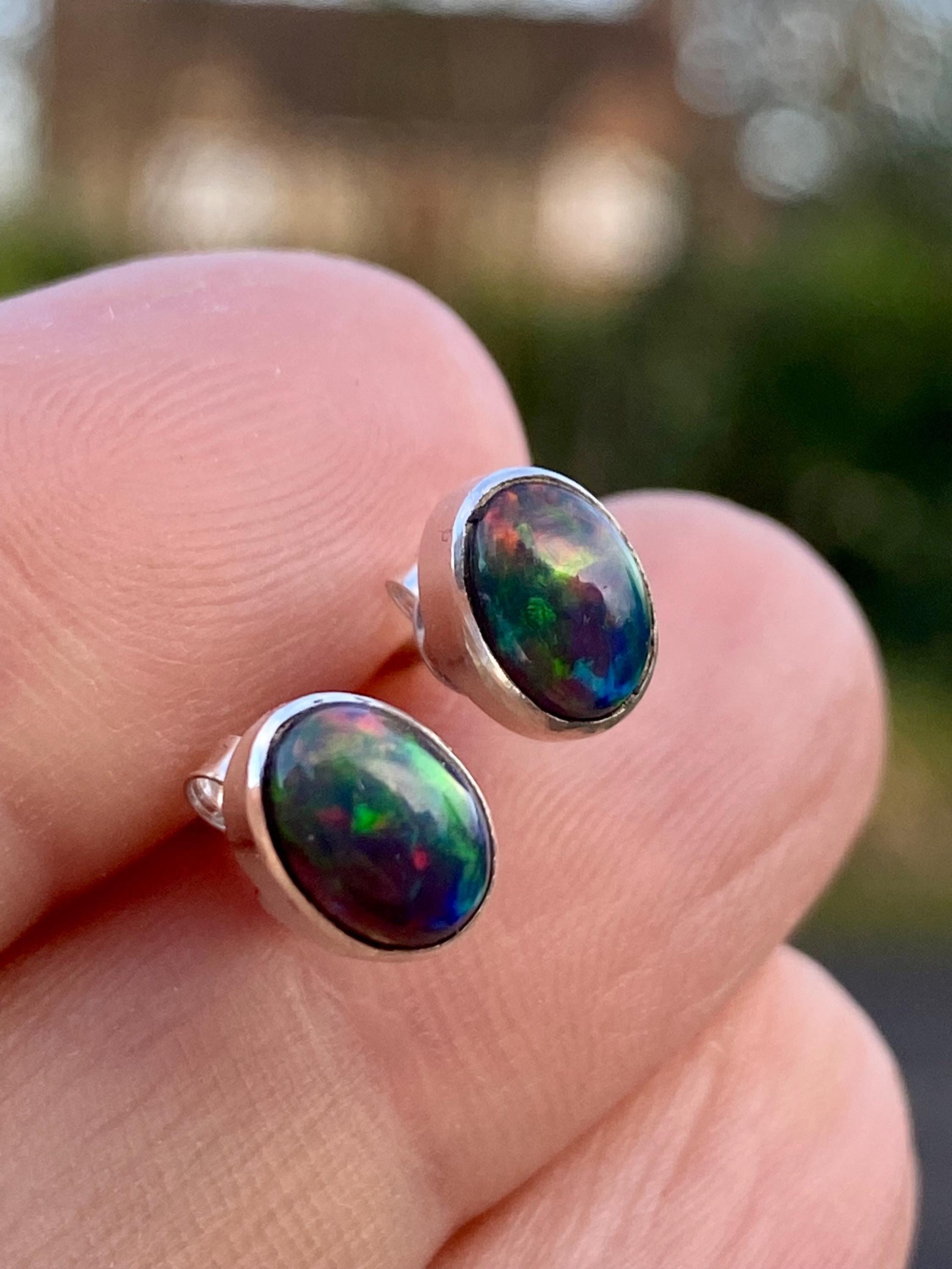 Natural Black Opal and Silver Earrings