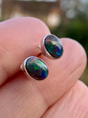 Natural Black Opal and Silver Earrings
