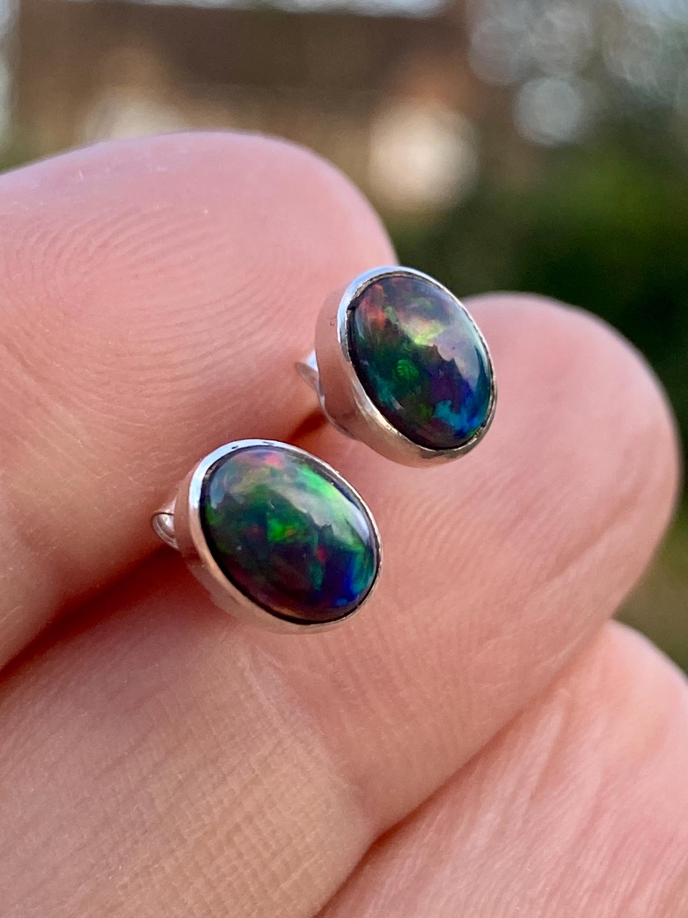 Natural Black Opal and Silver Earrings