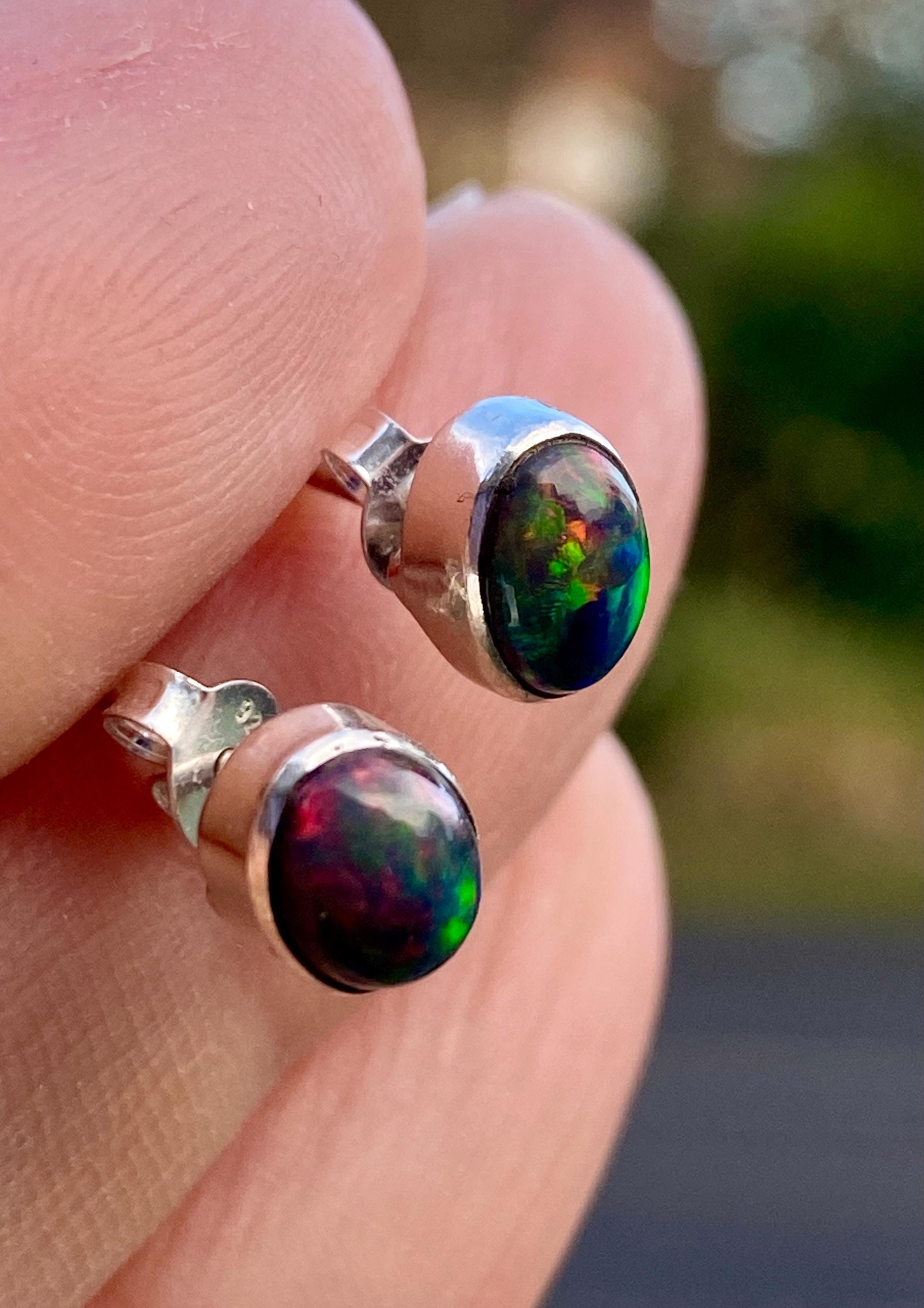 Natural Black Opal and Silver Earrings