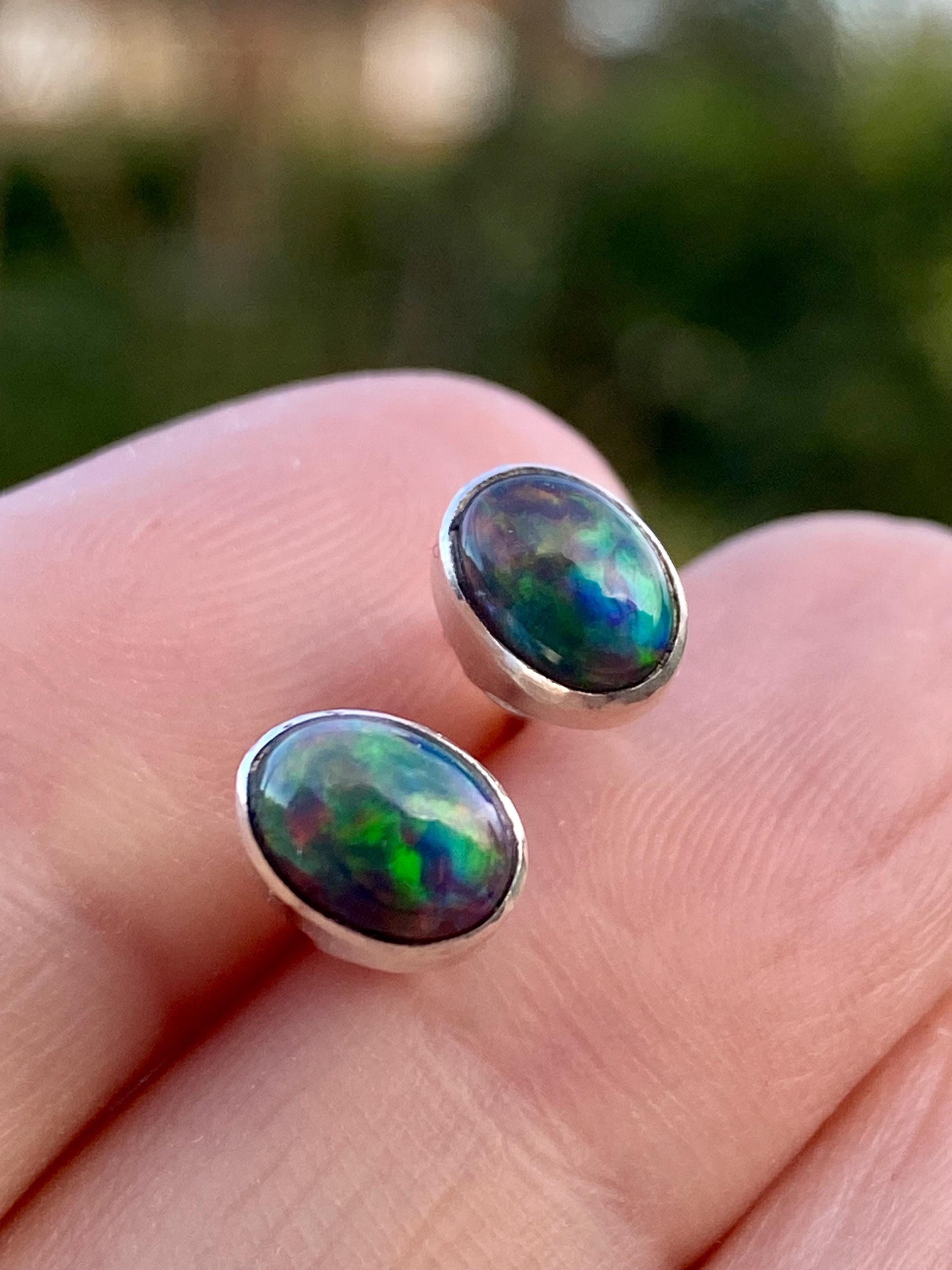 Natural Black Opal and Silver Earrings