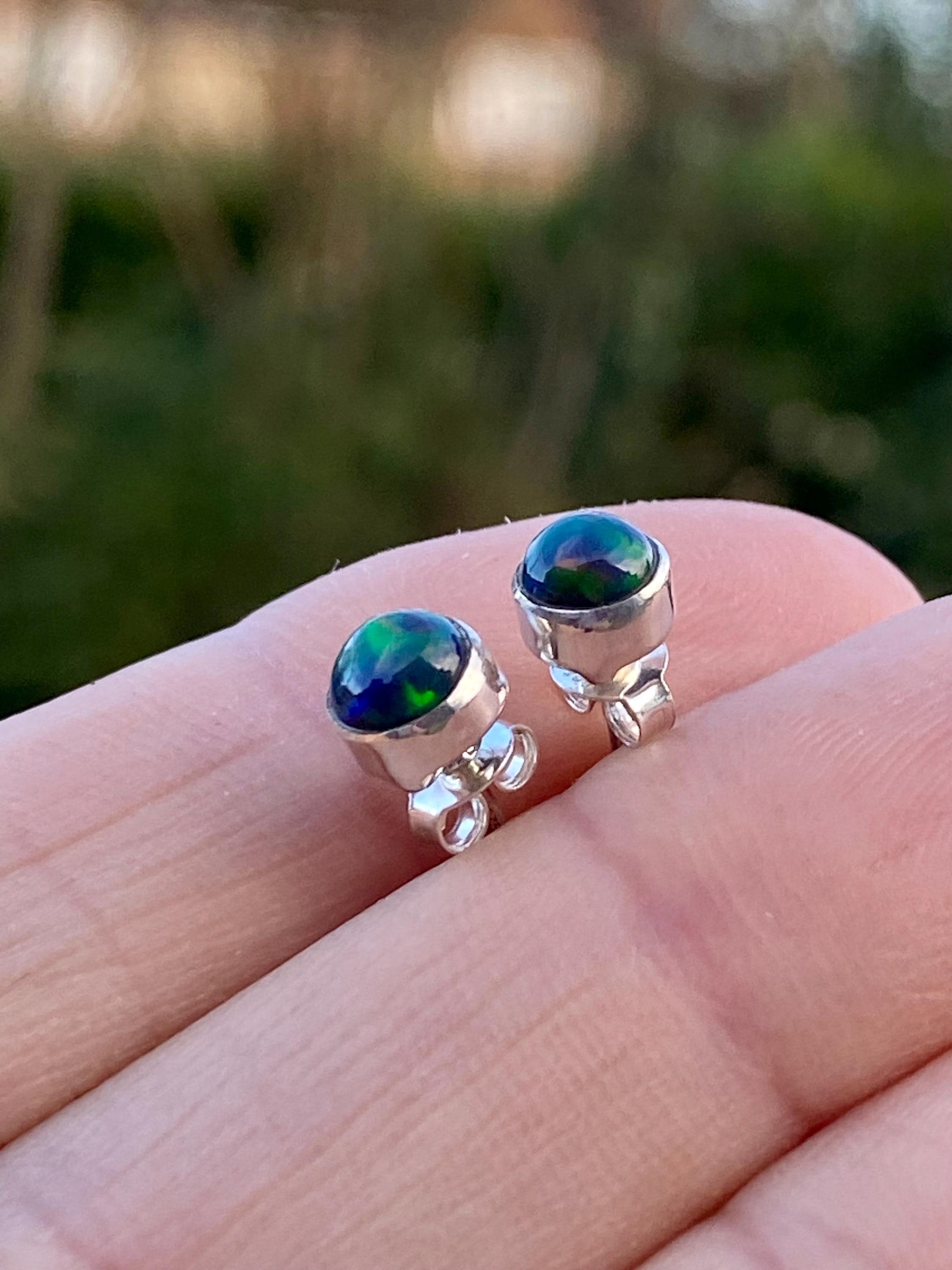 Natural Black Opal and Silver Earrings